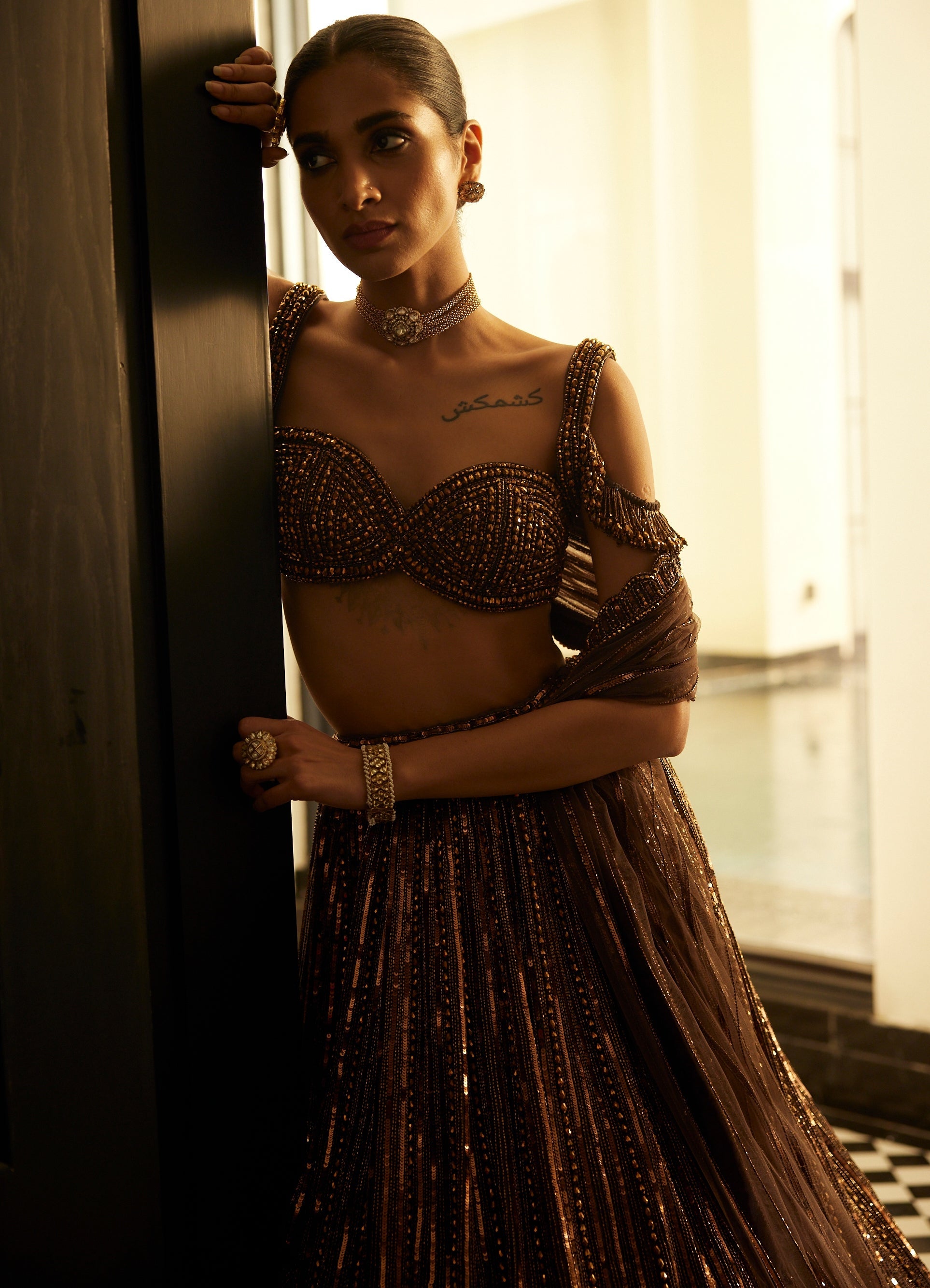 Copper Crystal Linear Embroidered Lehenga Set