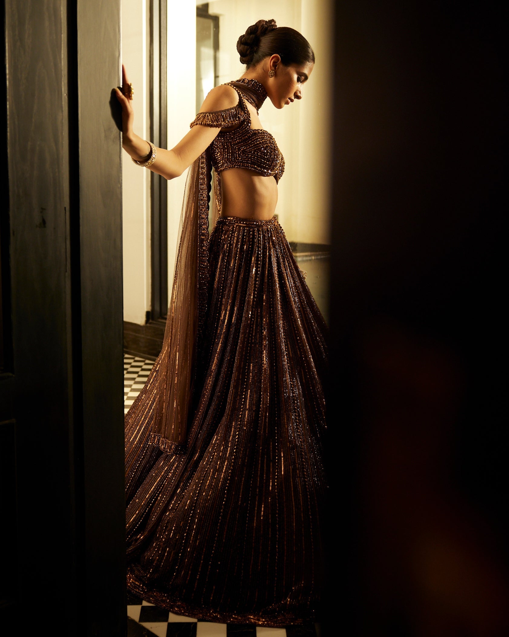 Copper Crystal Linear Embroidered Lehenga Set