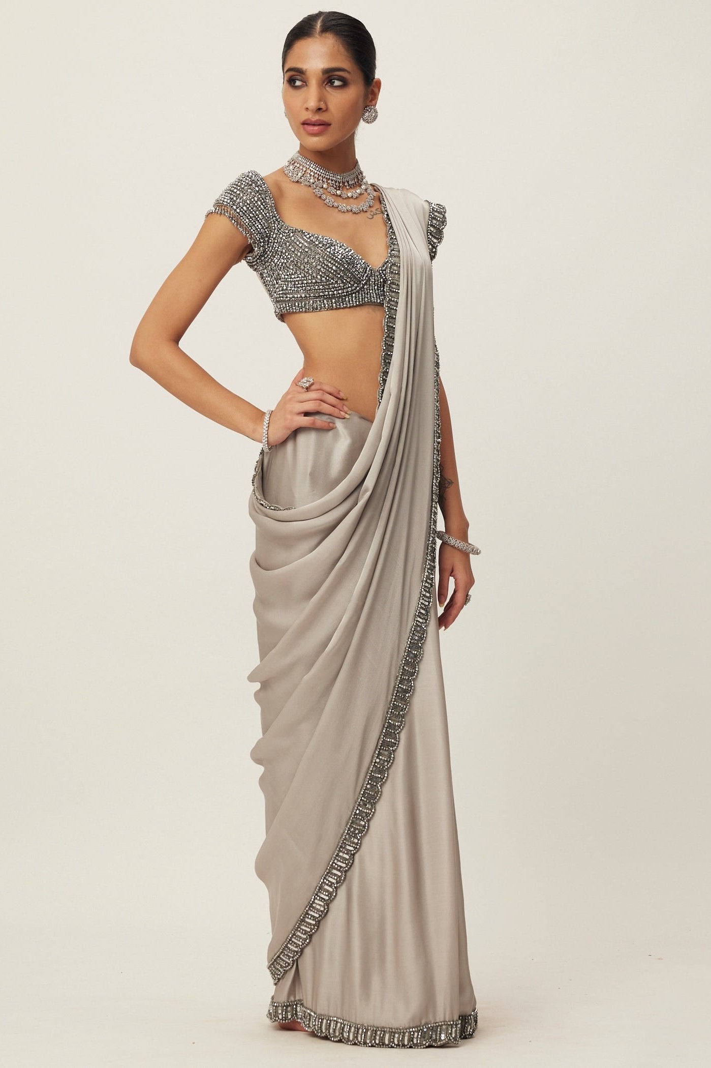 Crystal Grey Satin Sari Set