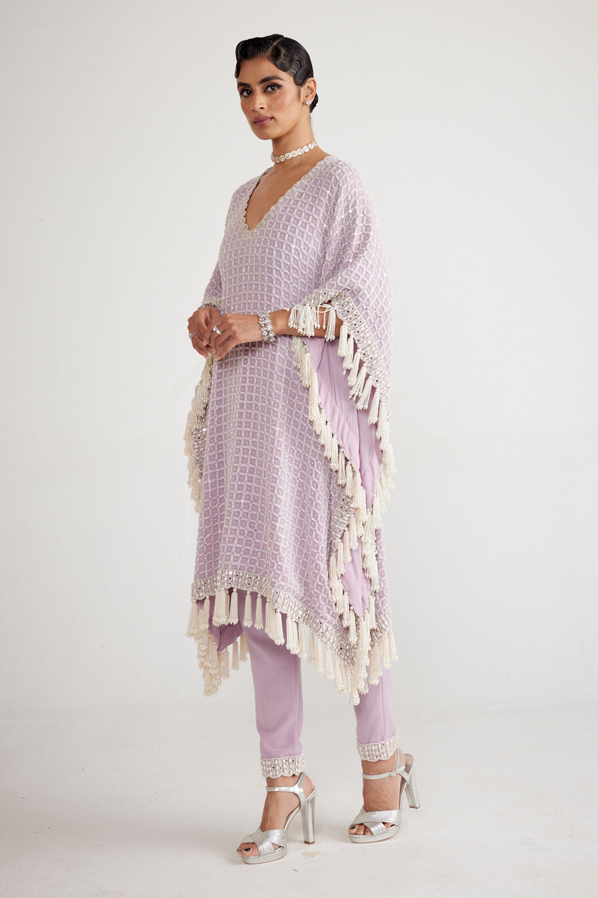 Powder Lilac Chandelier Pearl Drop Kaftan Set