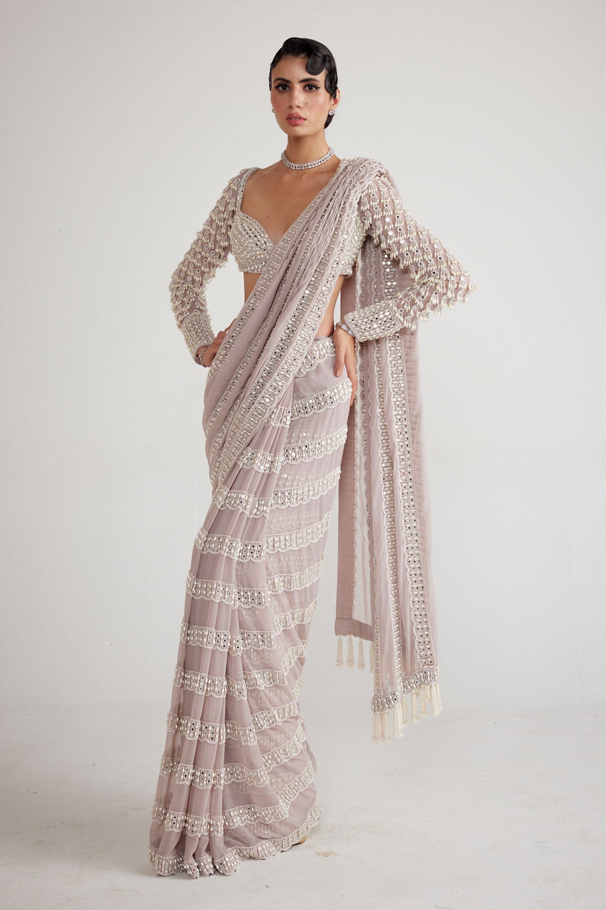 Ash Pink Chandelier Pearl Drop Saree Set