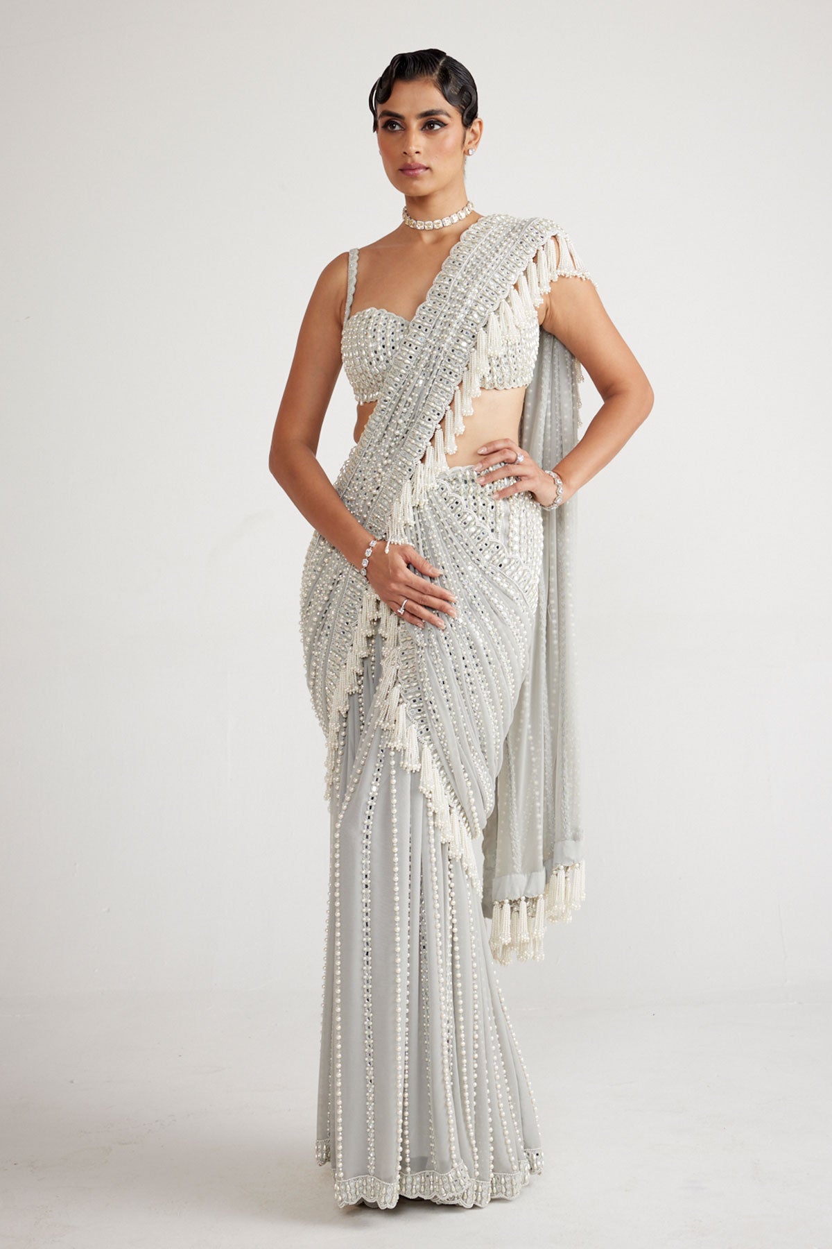 Powder Grey Chandelier Pearl Drop Saree Set