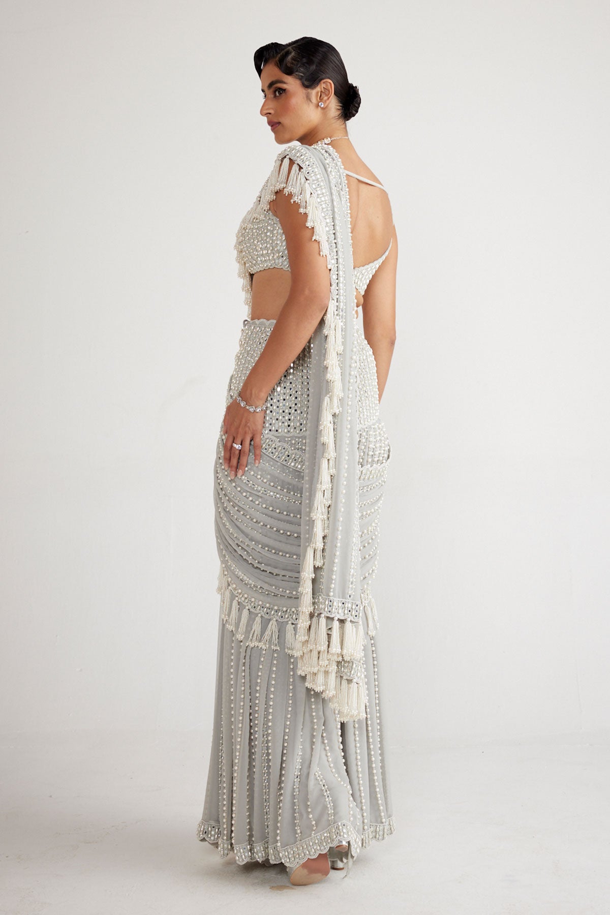 Powder Grey Chandelier Pearl Drop Saree Set