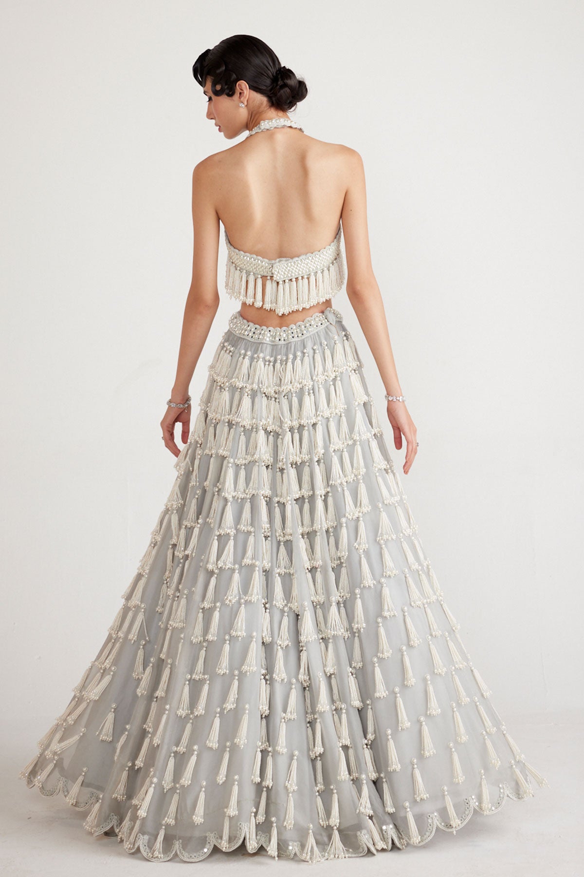 Powder Grey Chandelier Pearl Drop Crop Top Skirt Set