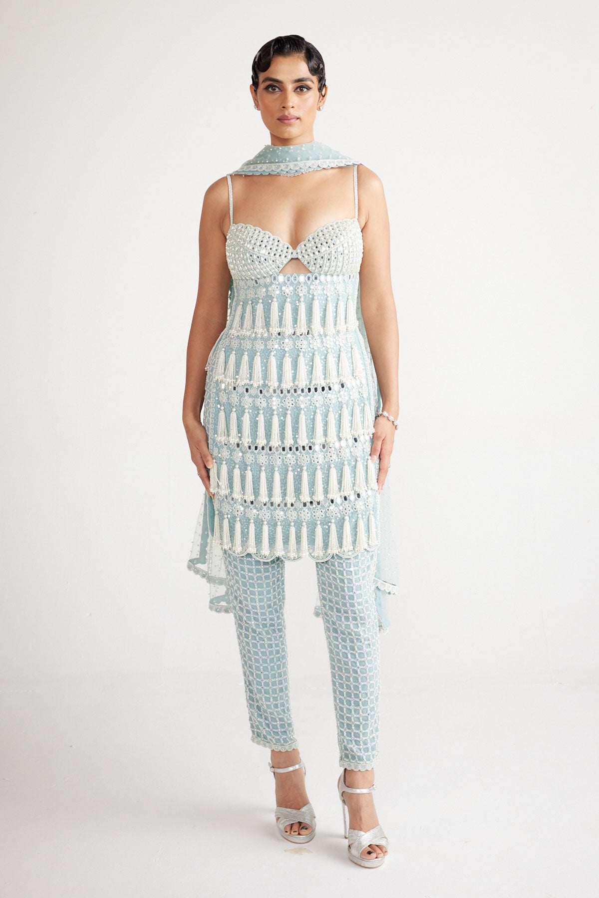 Powder Blue Chandelier Pearl Drop Pant Kurta Set