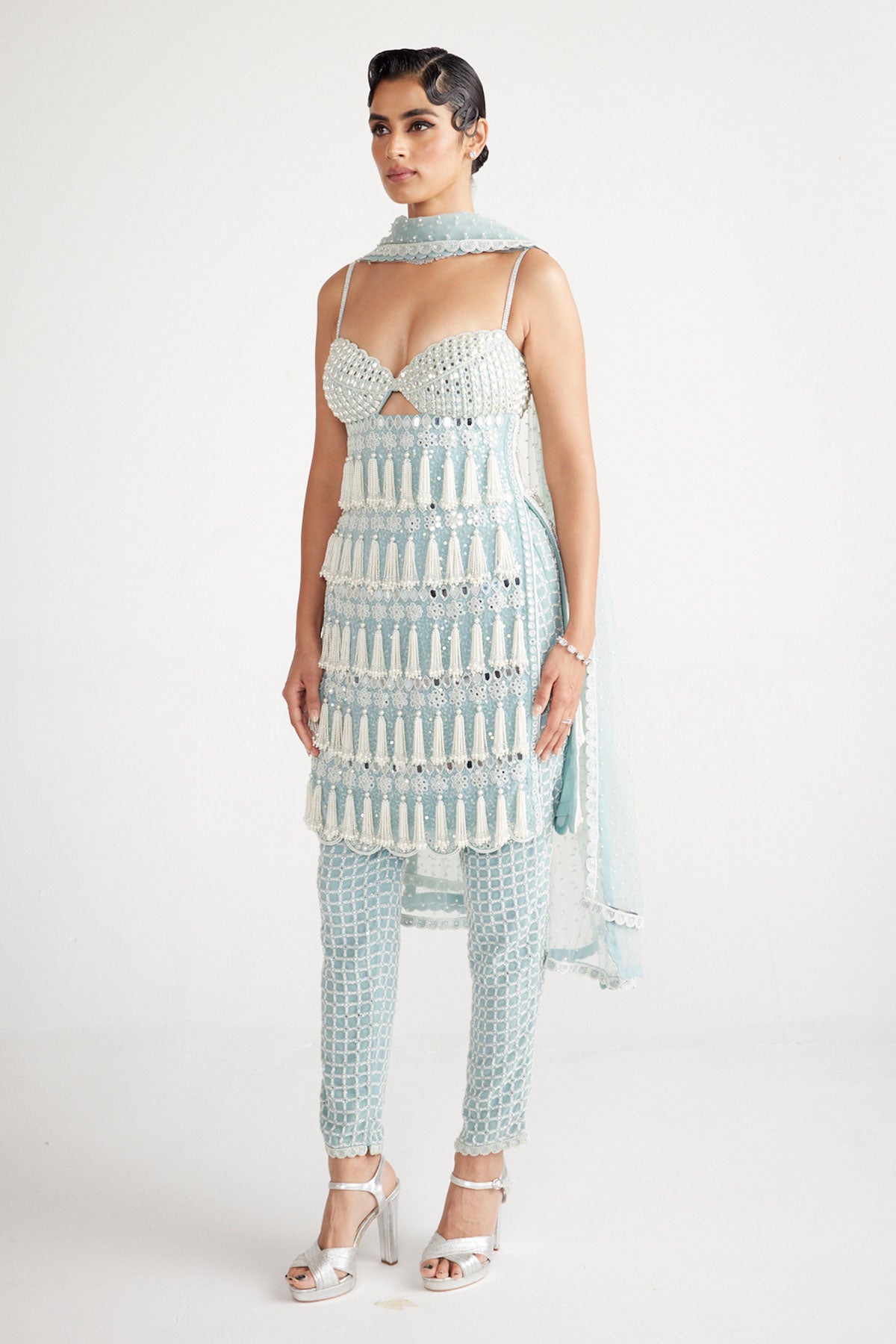 Powder Blue Chandelier Pearl Drop Pant Kurta Set