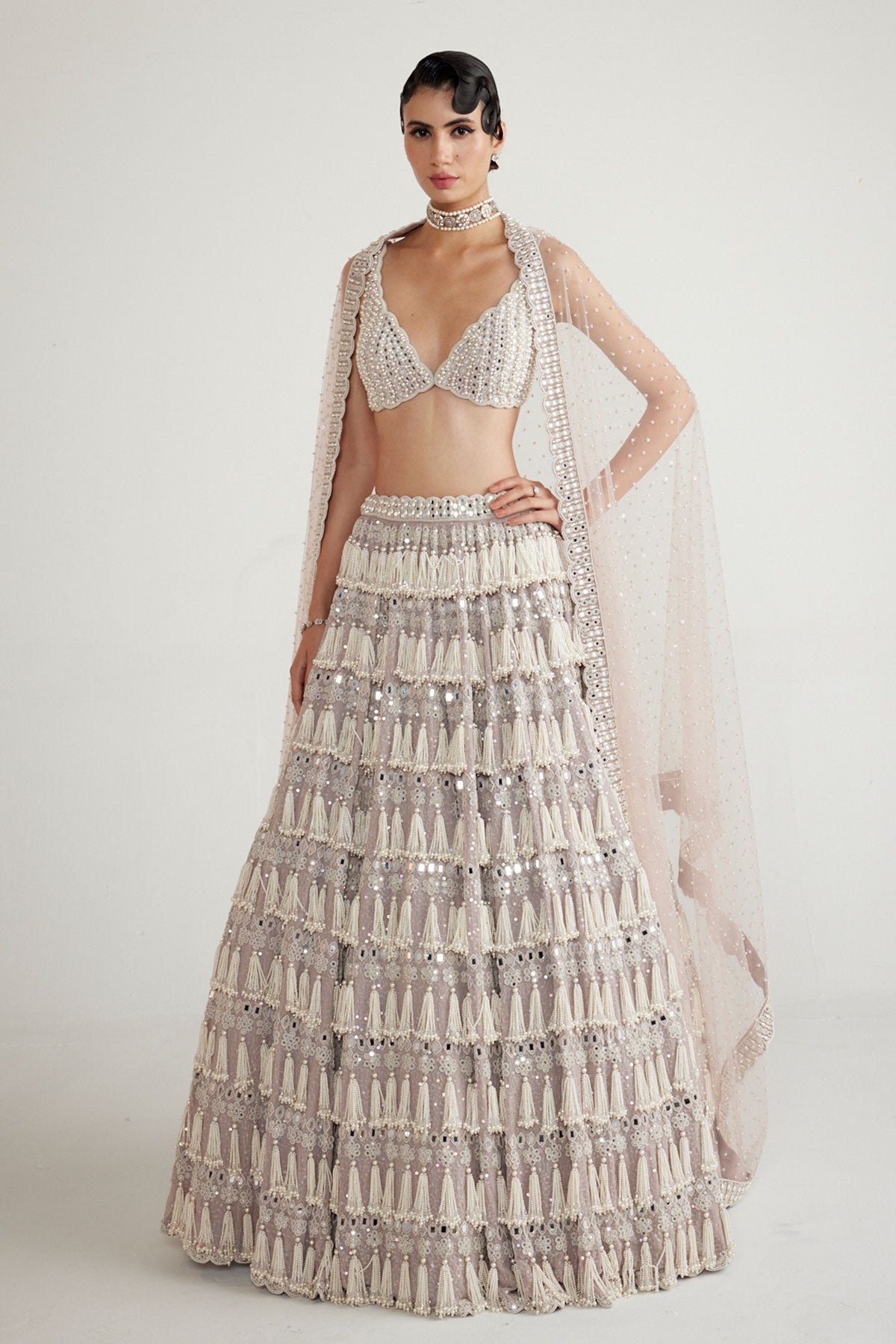 Ash Pink Chandelier Pearl Drop Lehenga Set