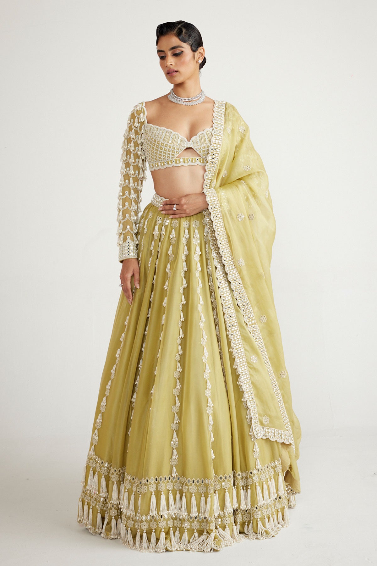 Fern Green Chandelier Pearl Drop Full Sleeve Lehenga Set