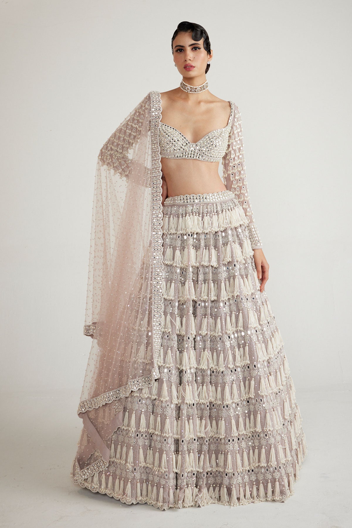 Ash Pink Chandelier Pearl Drop Full Sleeve Lehenga Set