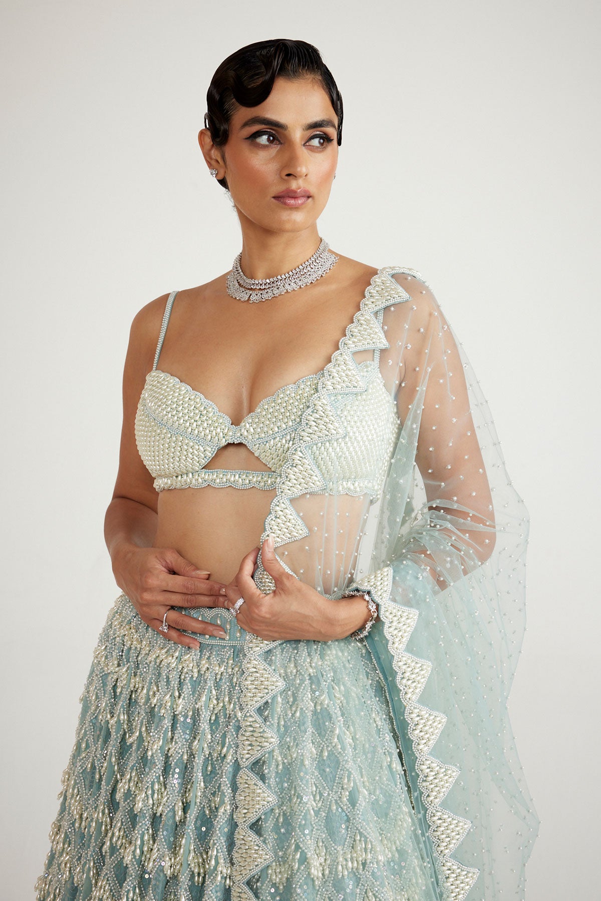 Powder Blue Chandelier Pearl Drop Lehenga Set