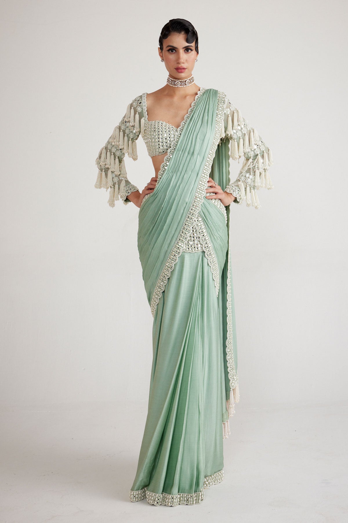 Powder Mint Chandelier Drop Saree Set