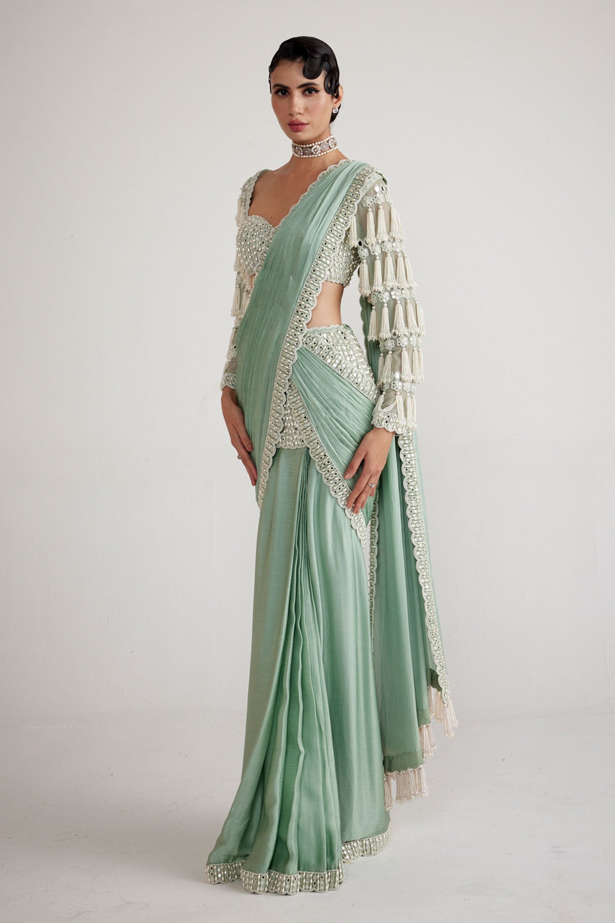 Powder Mint Chandelier Drop Saree Set