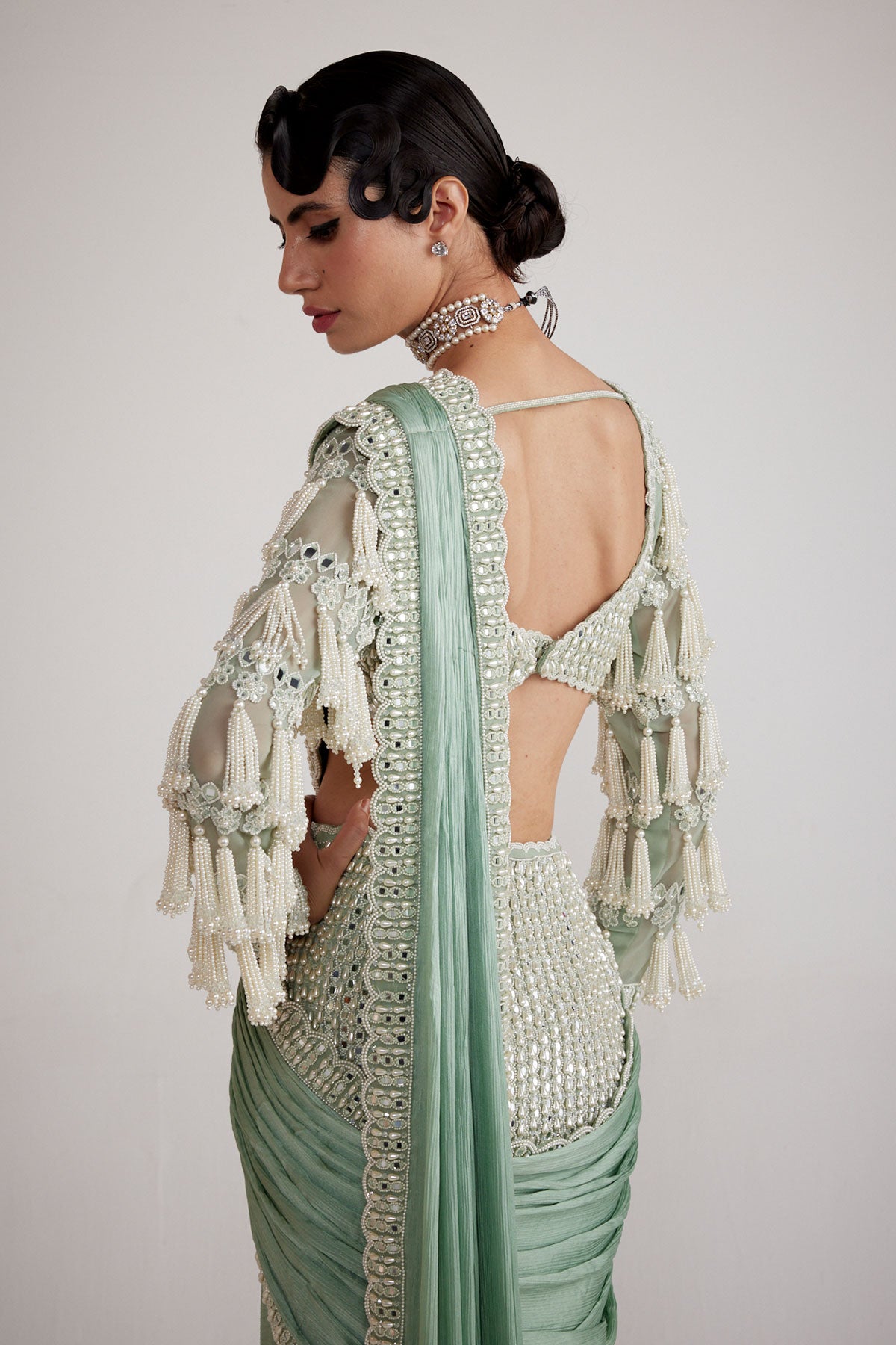 Powder Mint Chandelier Drop Saree Set