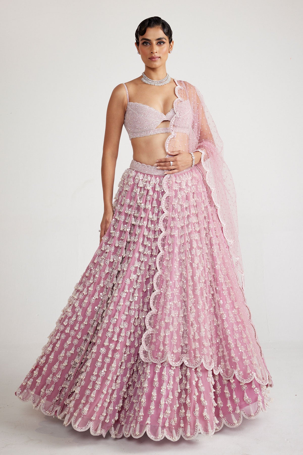 Onion Pink Chandelier Pearl Drop Lehenga Set