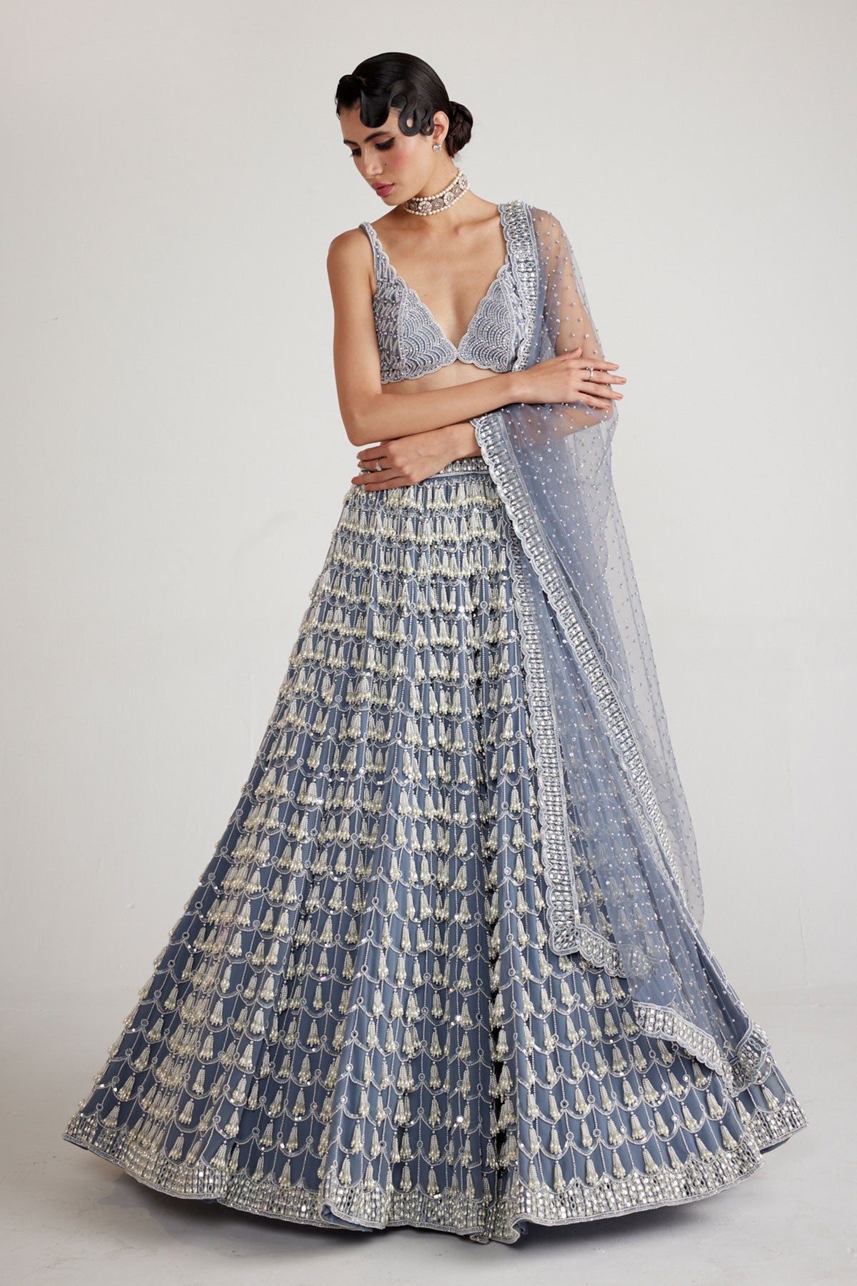 Dark Grey Chandelier Pearl Drop Lehenga Set