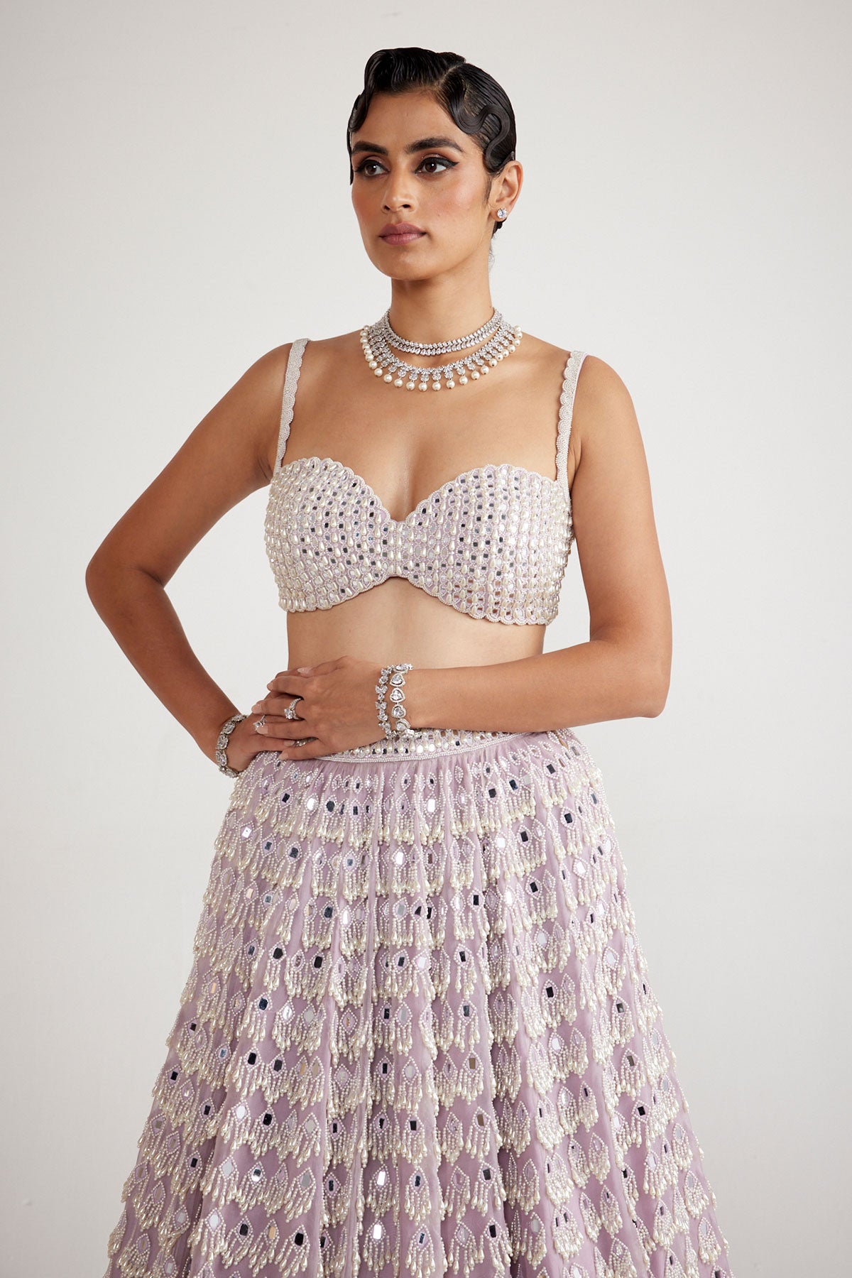 Powder Lilac Chandelier Pearl Drop Lehenga Set
