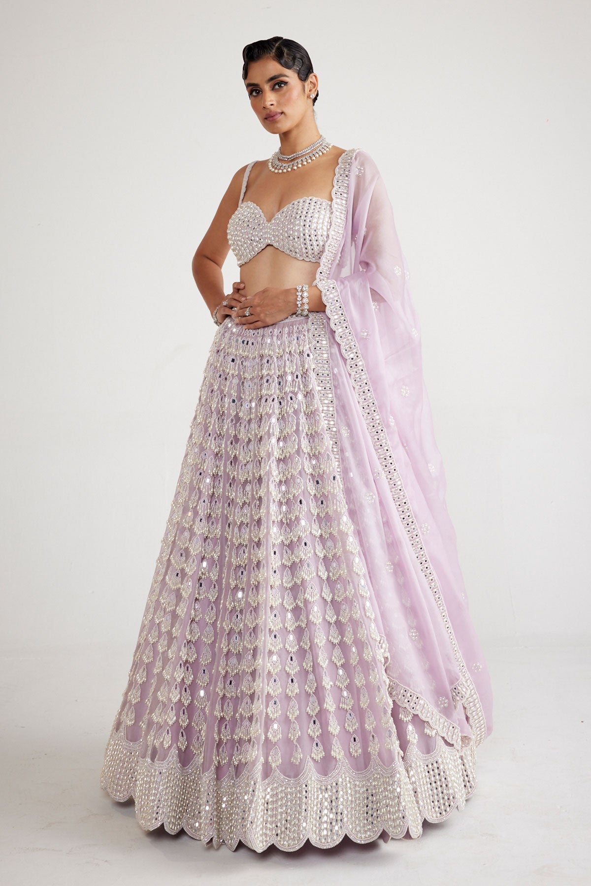 Powder Lilac Chandelier Pearl Drop Lehenga Set