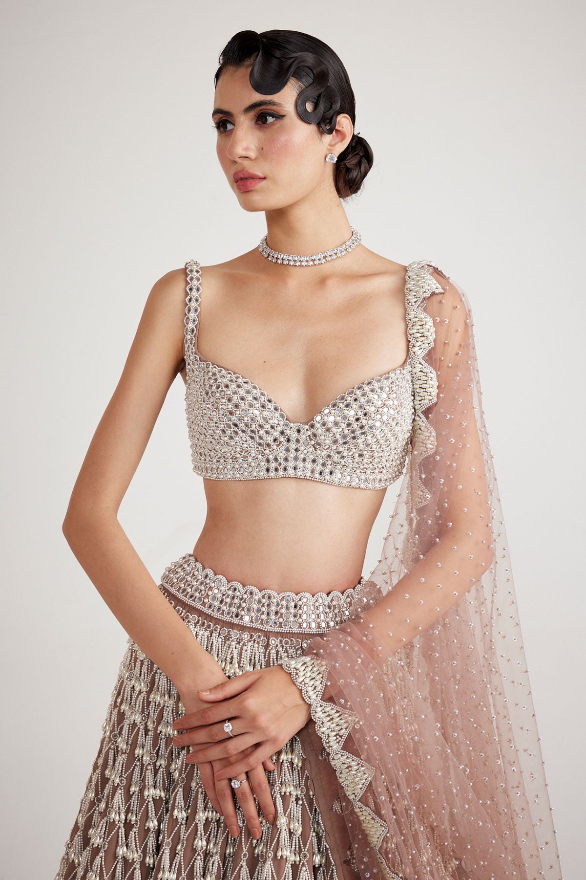 Deep Beige Chandelier Pearl Drop Lehenga Set