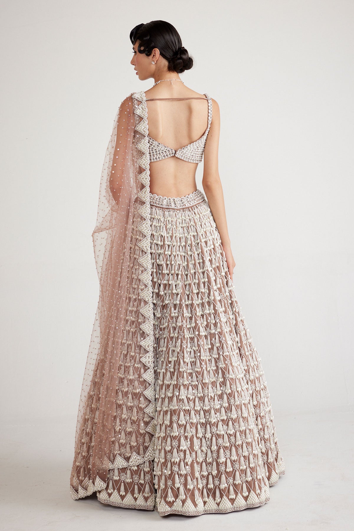 Deep Beige Chandelier Pearl Drop Lehenga Set