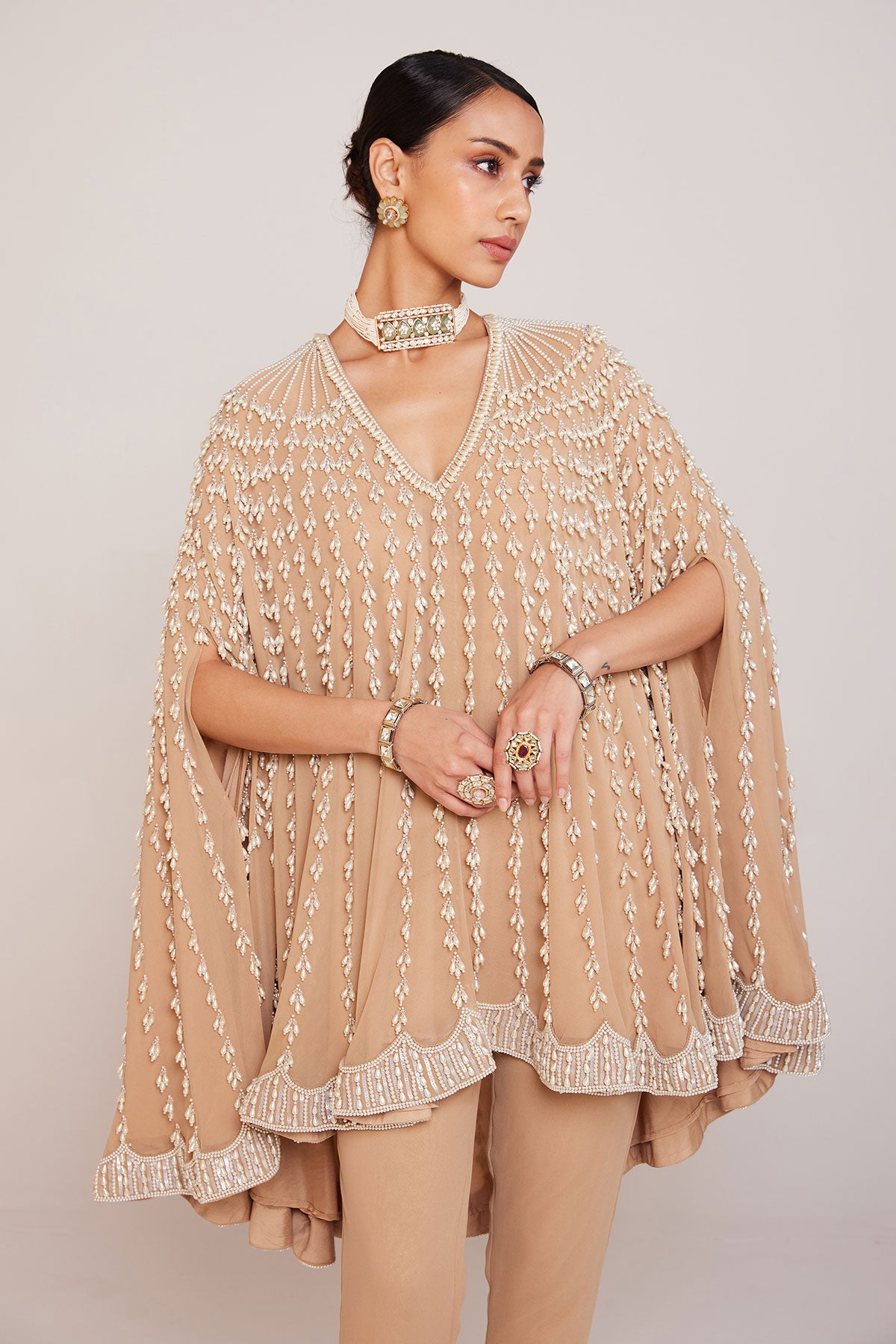 Beige Asymmetrical Cape Set