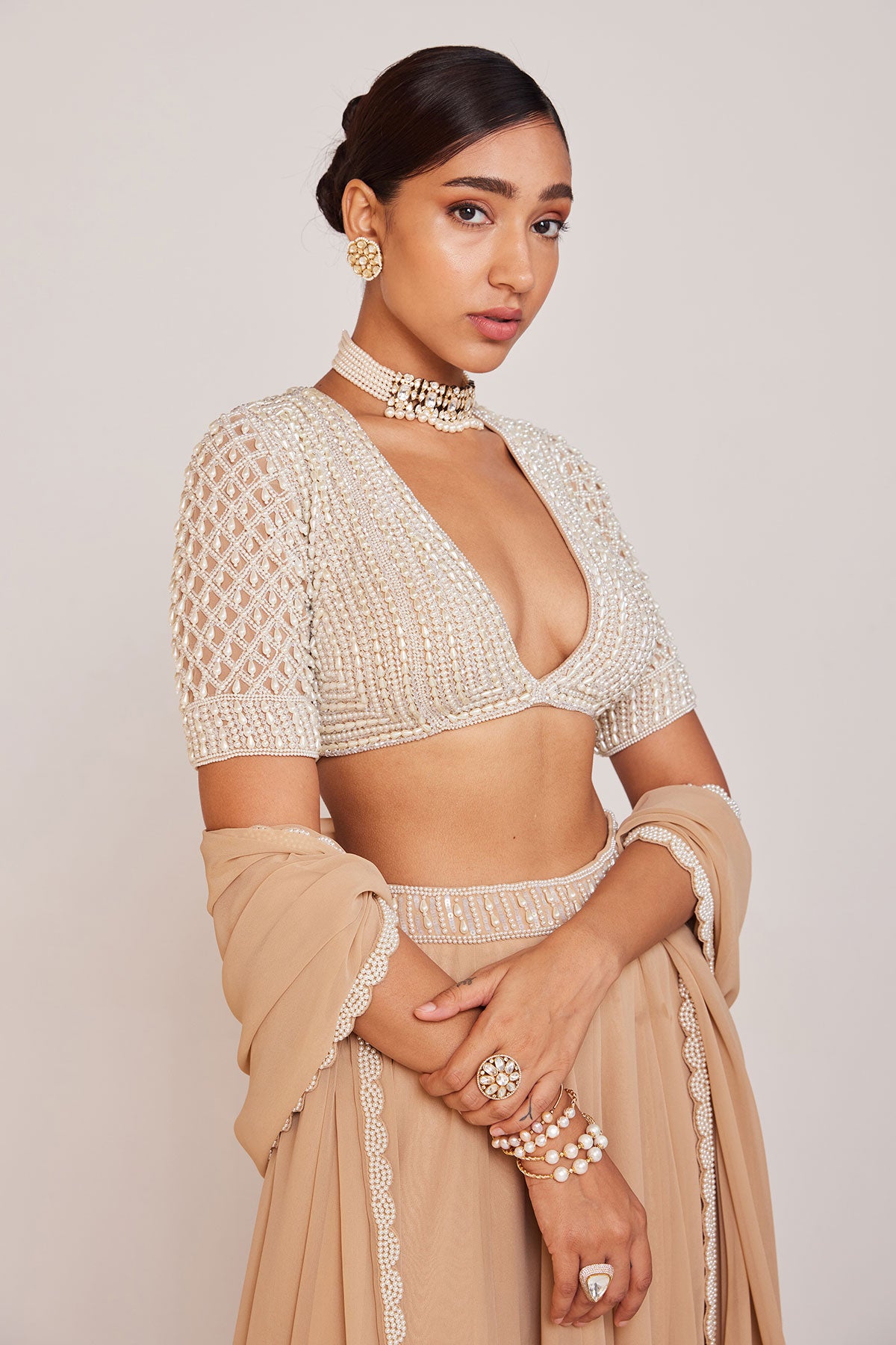 Beige Lehenga Pants Set