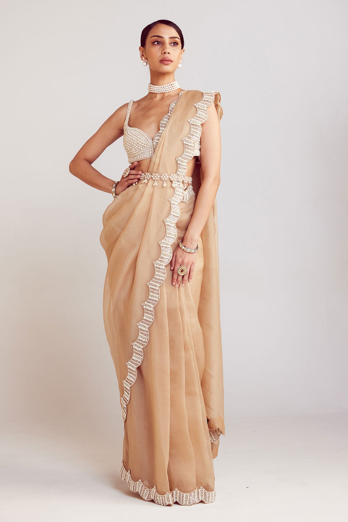 Beige Pre-Draped Saree Set