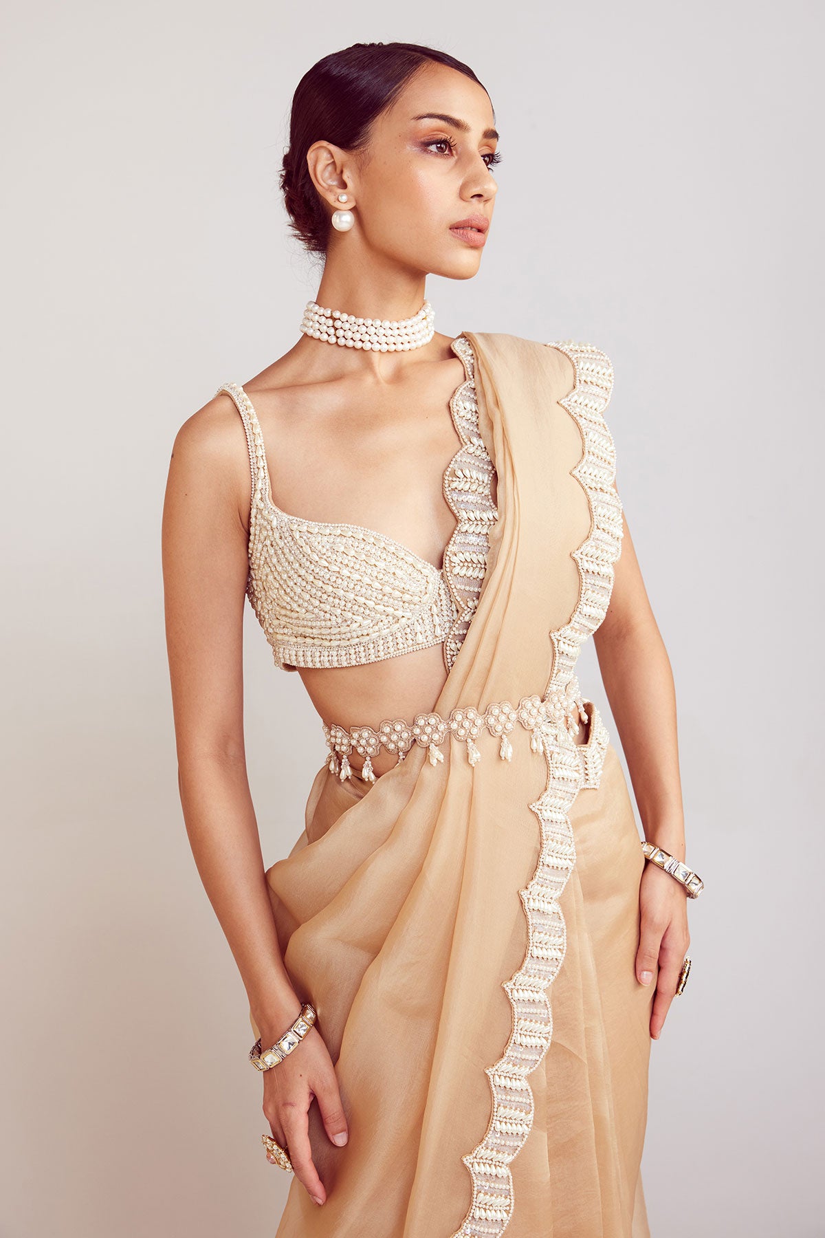 Beige Pre-Draped Saree Set