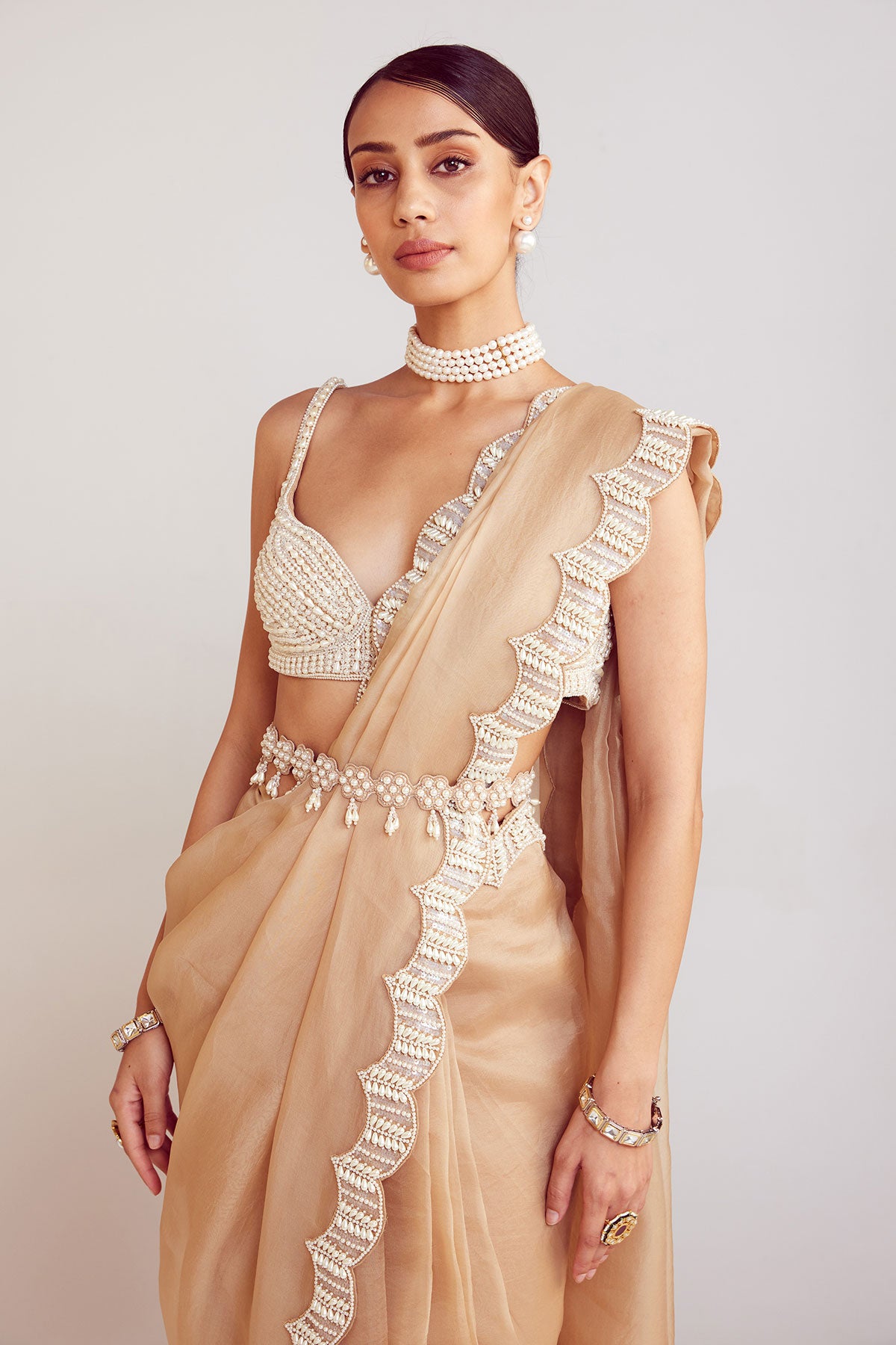 Beige Pre-Draped Saree Set