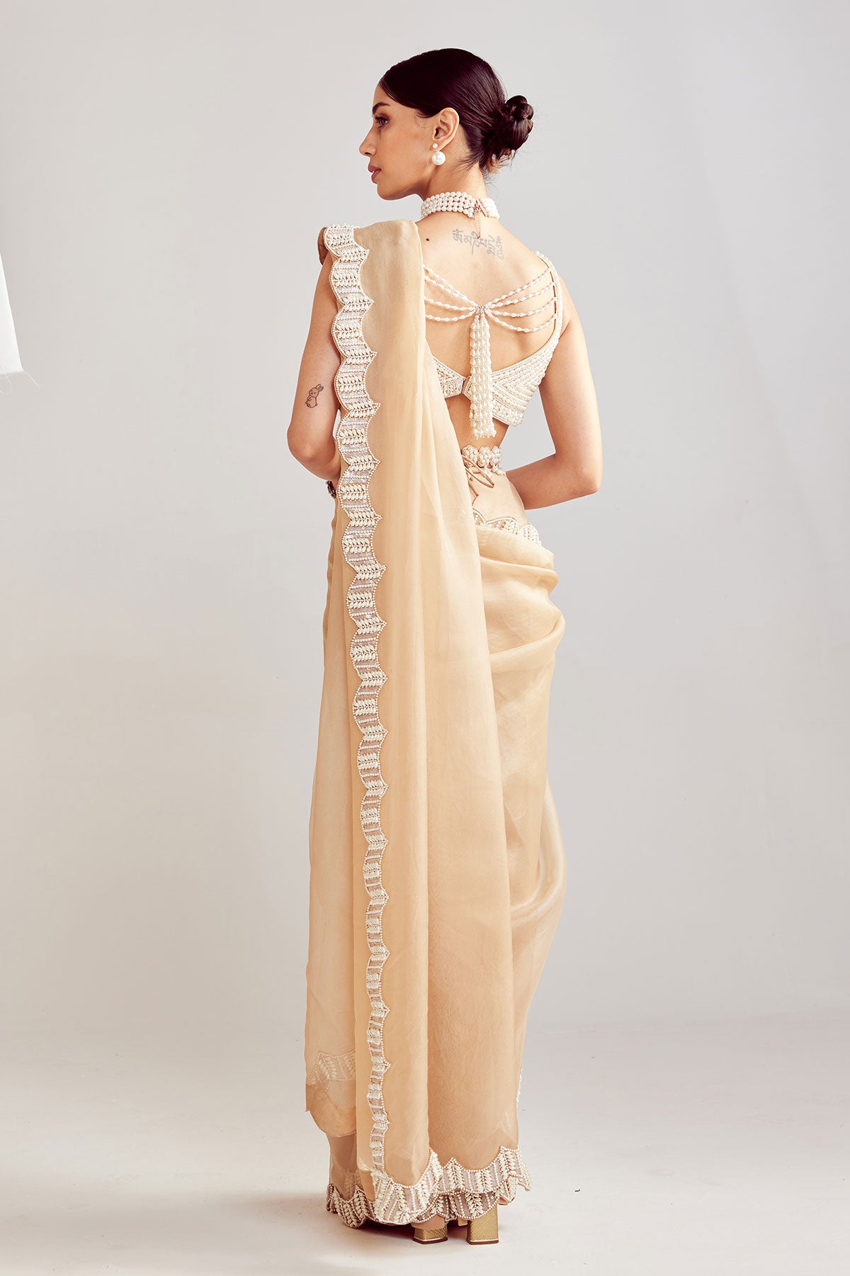 Beige Pre-Draped Saree Set