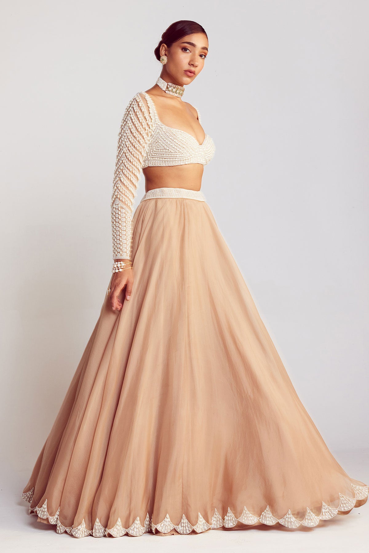 Beige Pearl Chandelier Drop Organza Lehenga Set