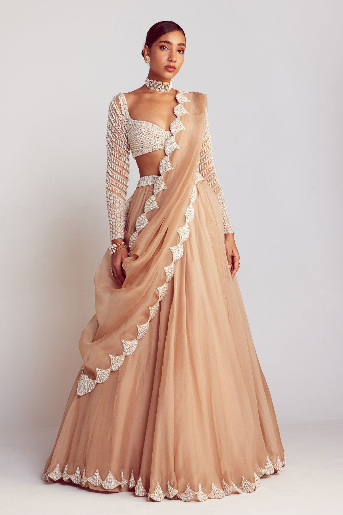 Beige Pearl Chandelier Drop Organza Lehenga Set