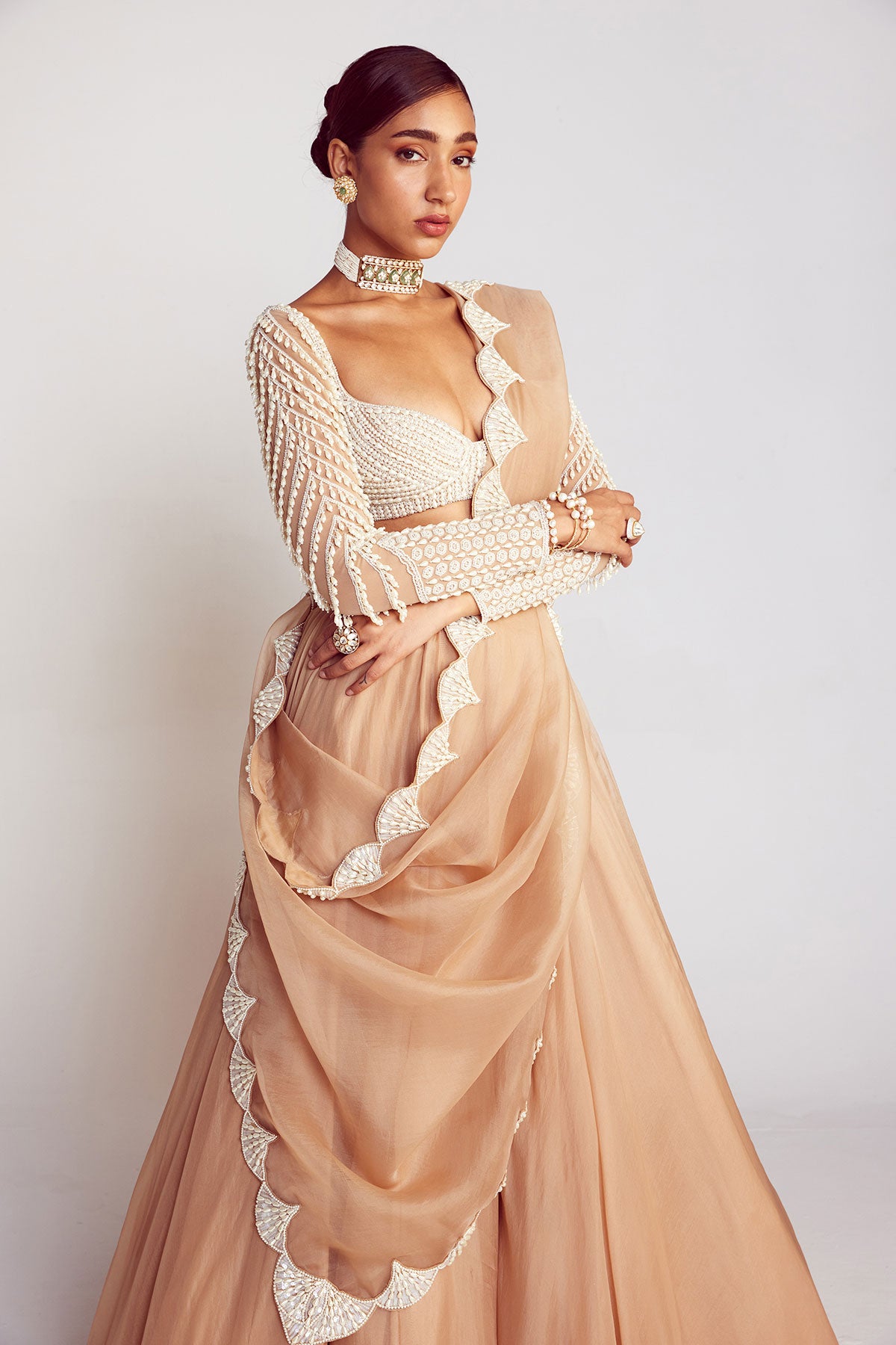 Beige Pearl Chandelier Drop Organza Lehenga Set