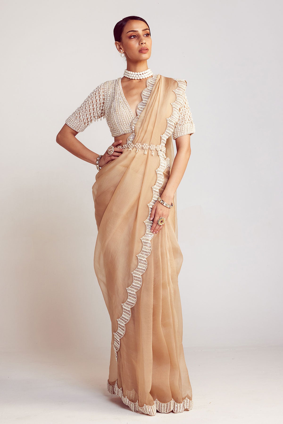 Beige V Neck Pre-Draped Saree Set