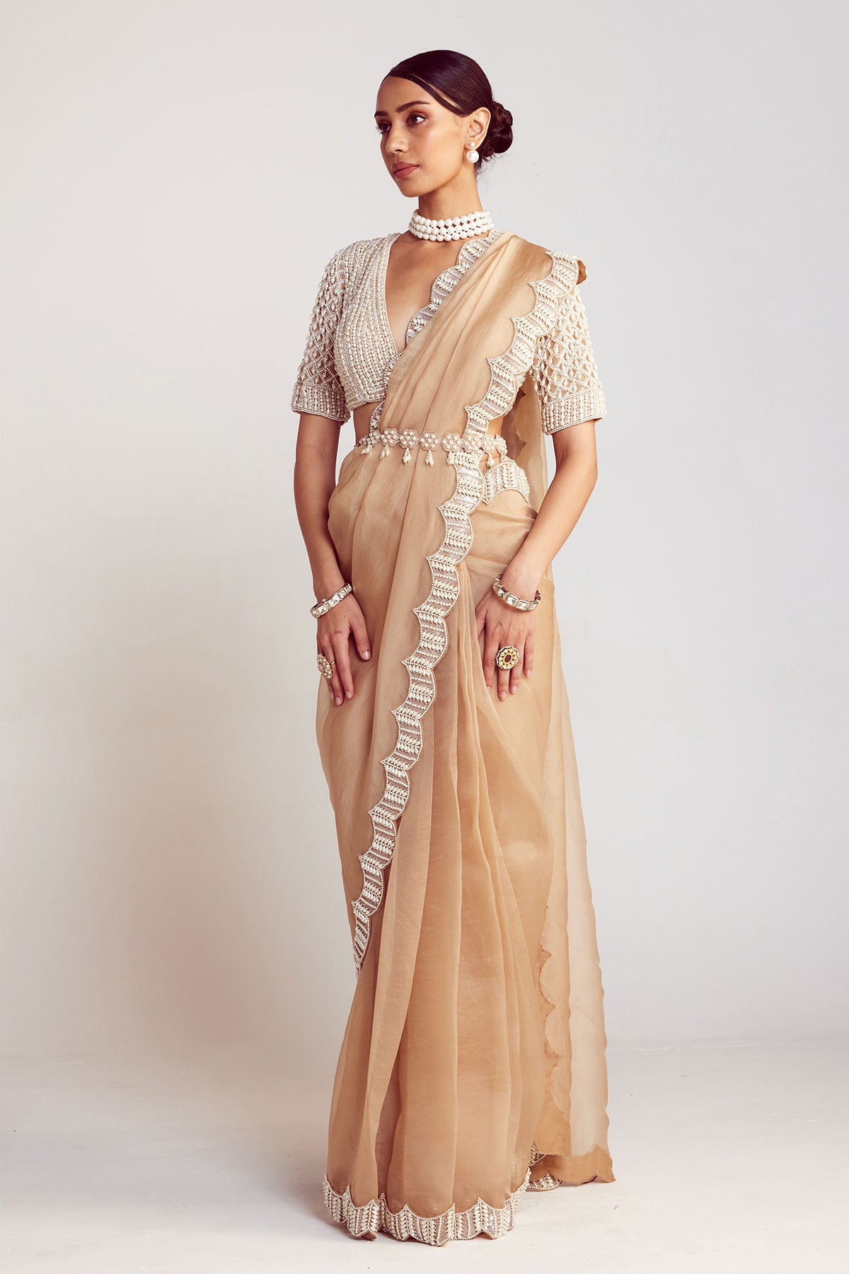 Beige V Neck Pre-Draped Saree Set