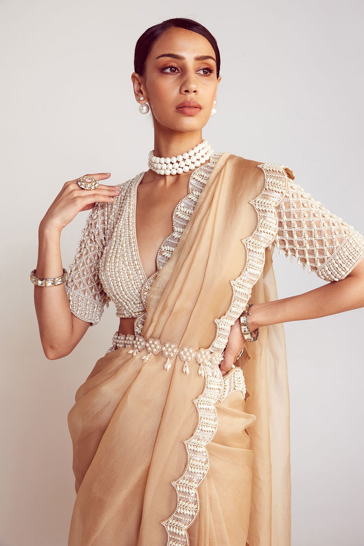 Beige V Neck Pre-Draped Saree Set