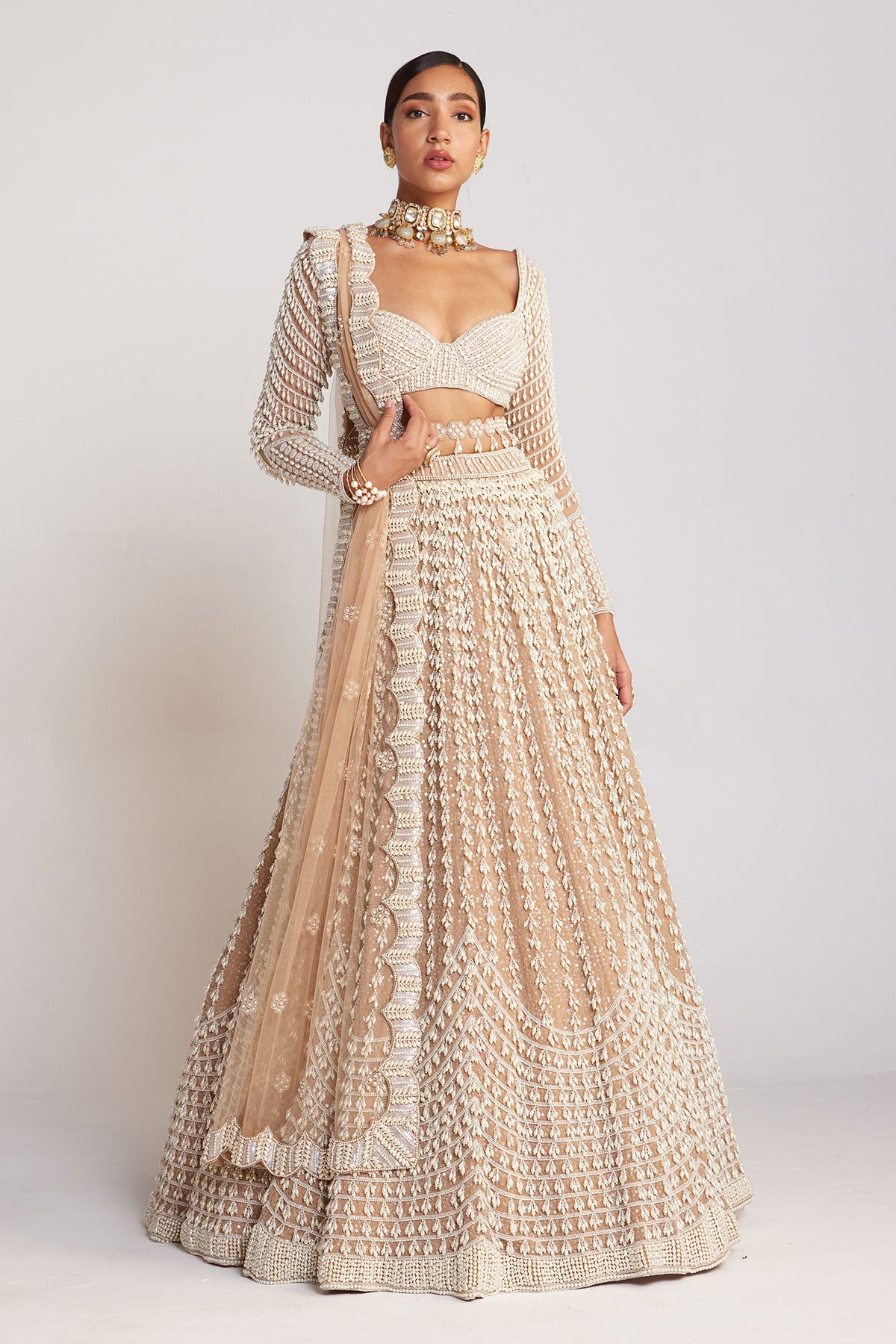 Beige Chandelier Pearl Lehenga Set