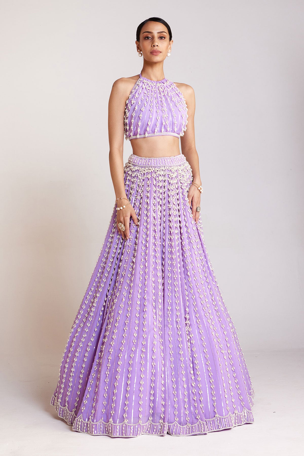 Lilac Chandelier Pearl Halter Neck Crop Top Skirt Set