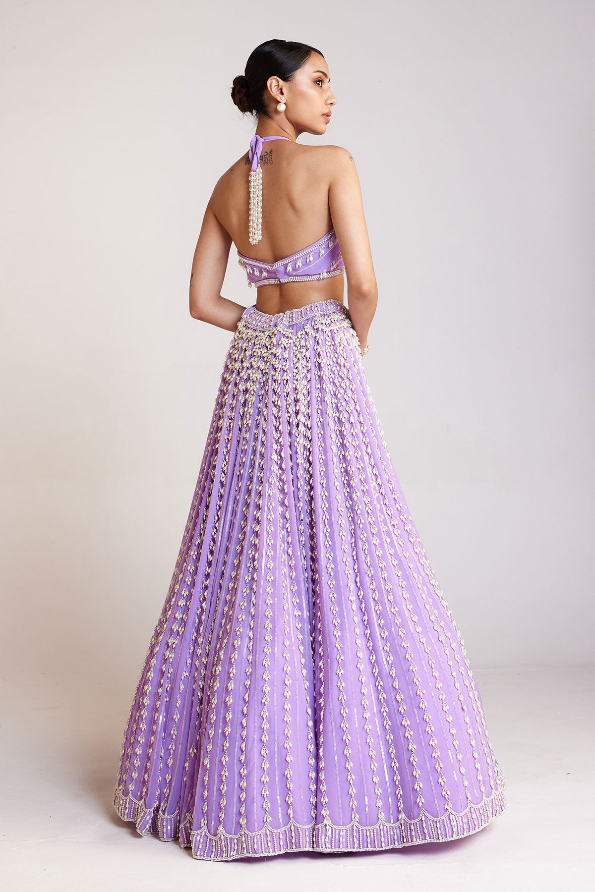 Lilac Chandelier Pearl Halter Neck Crop Top Skirt Set