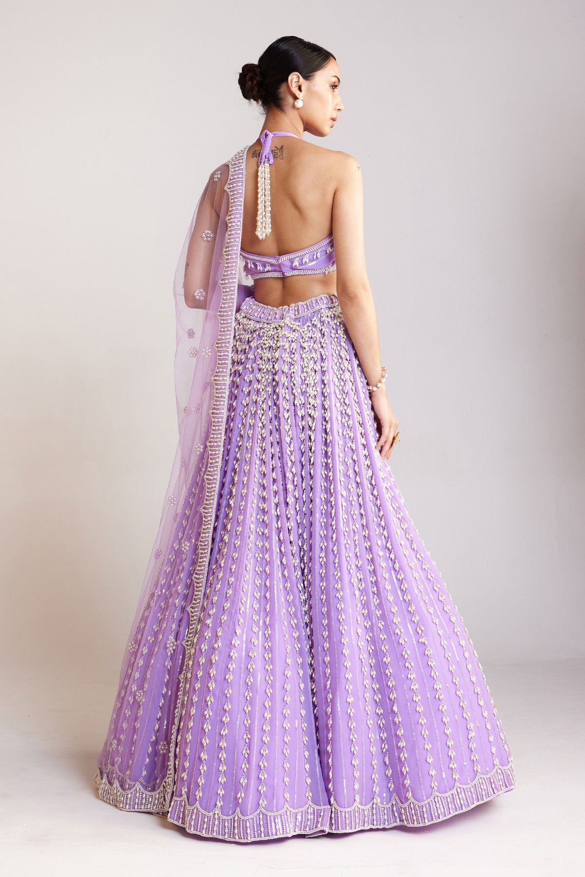 Lilac Chandelier Pearl Halter Neck Crop Top Skirt Set