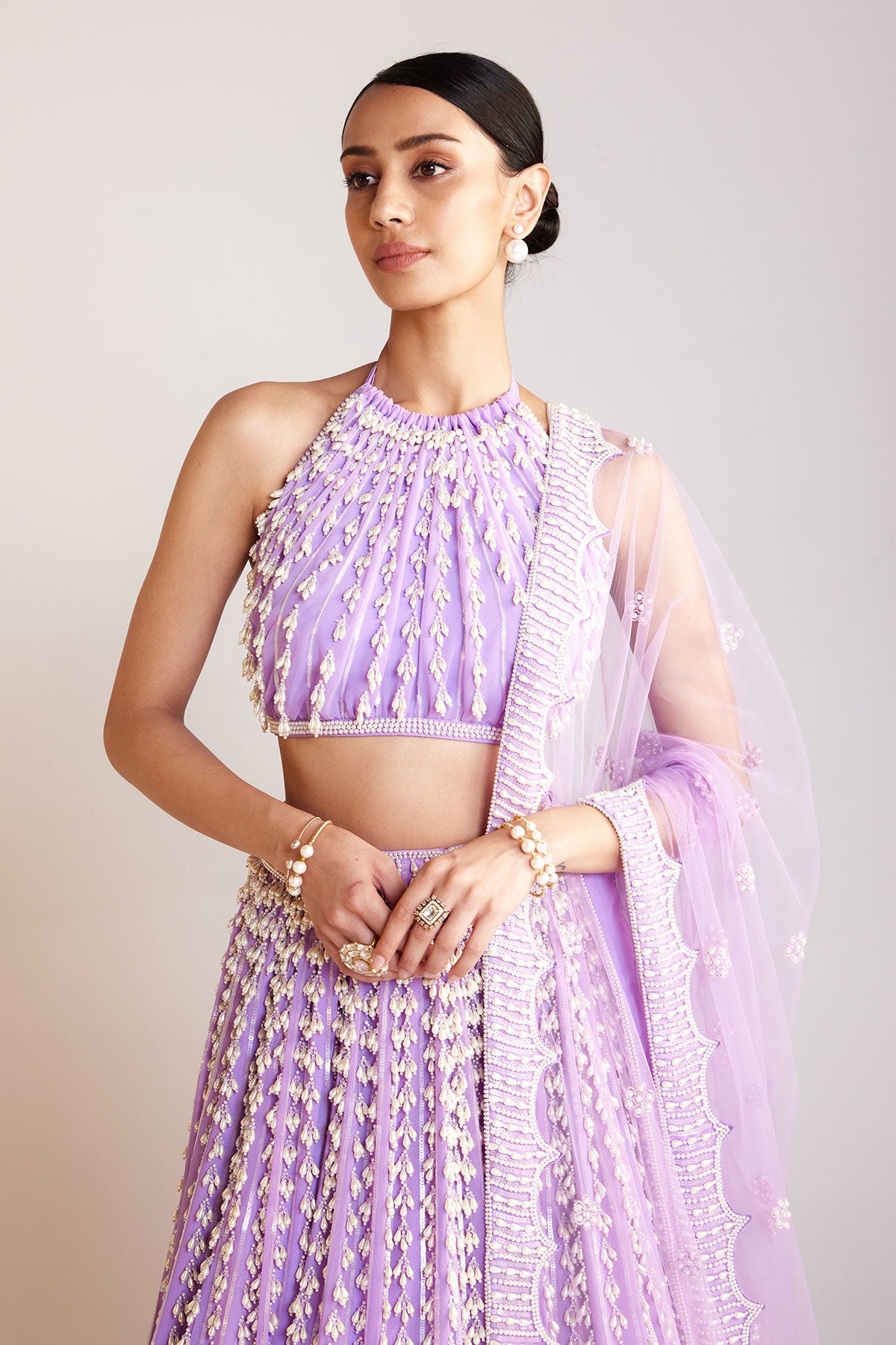 Lilac Chandelier Pearl Halter Neck Lehenga Set