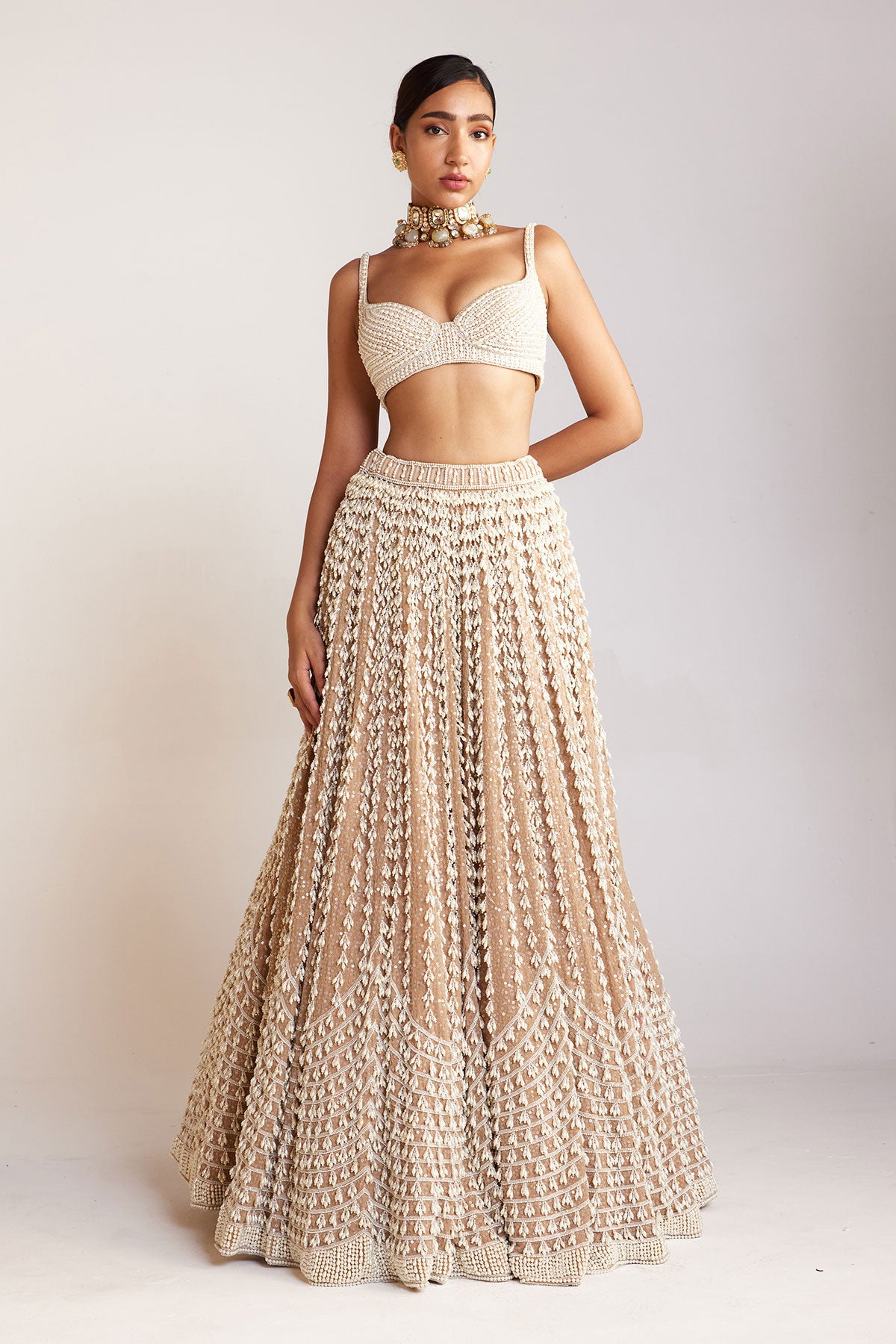 Beige Chandelier Pearl Sweetheart Neck Lehenga Set