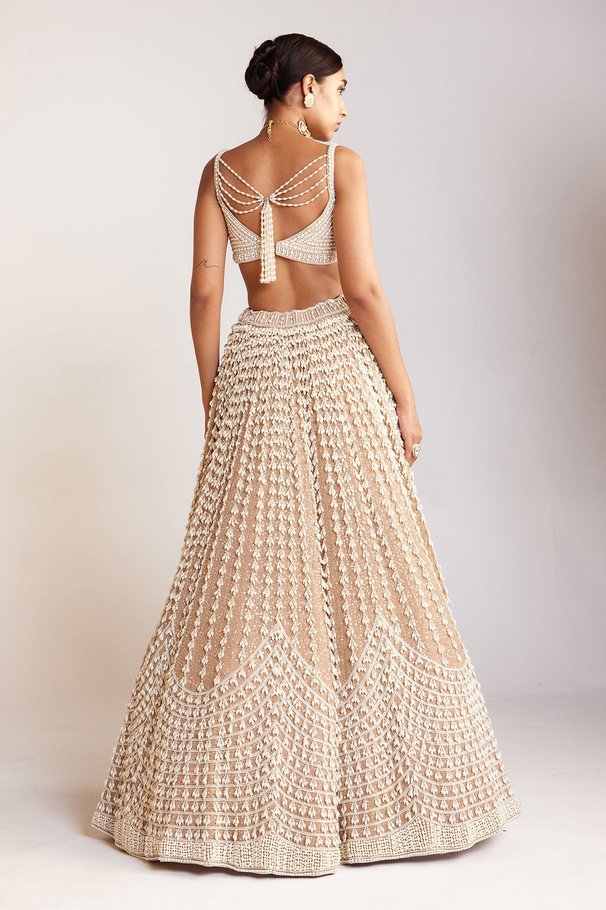 Beige Chandelier Pearl Sweetheart Neck Lehenga Set