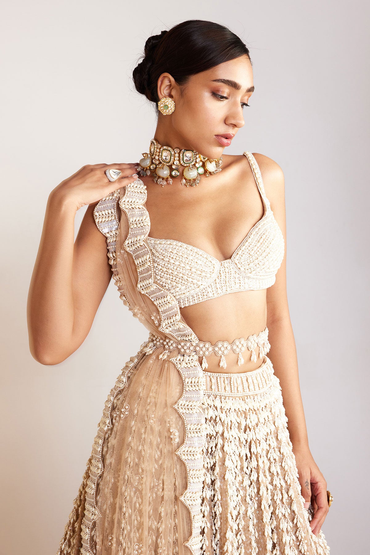 Beige Chandelier Pearl Sweetheart Neck Lehenga Set