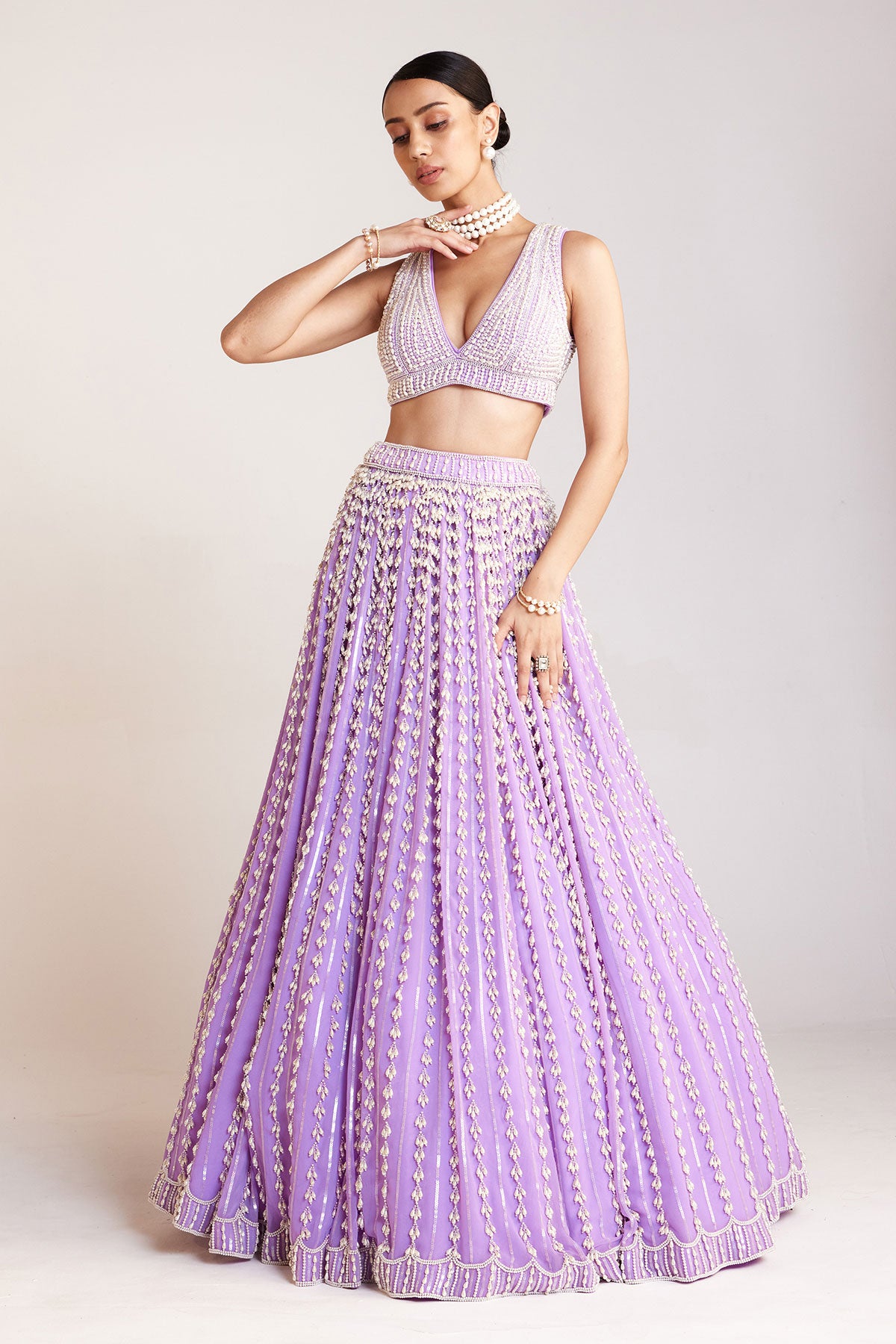 Lilac V Neck Pearl Chandelier Lehenga Set