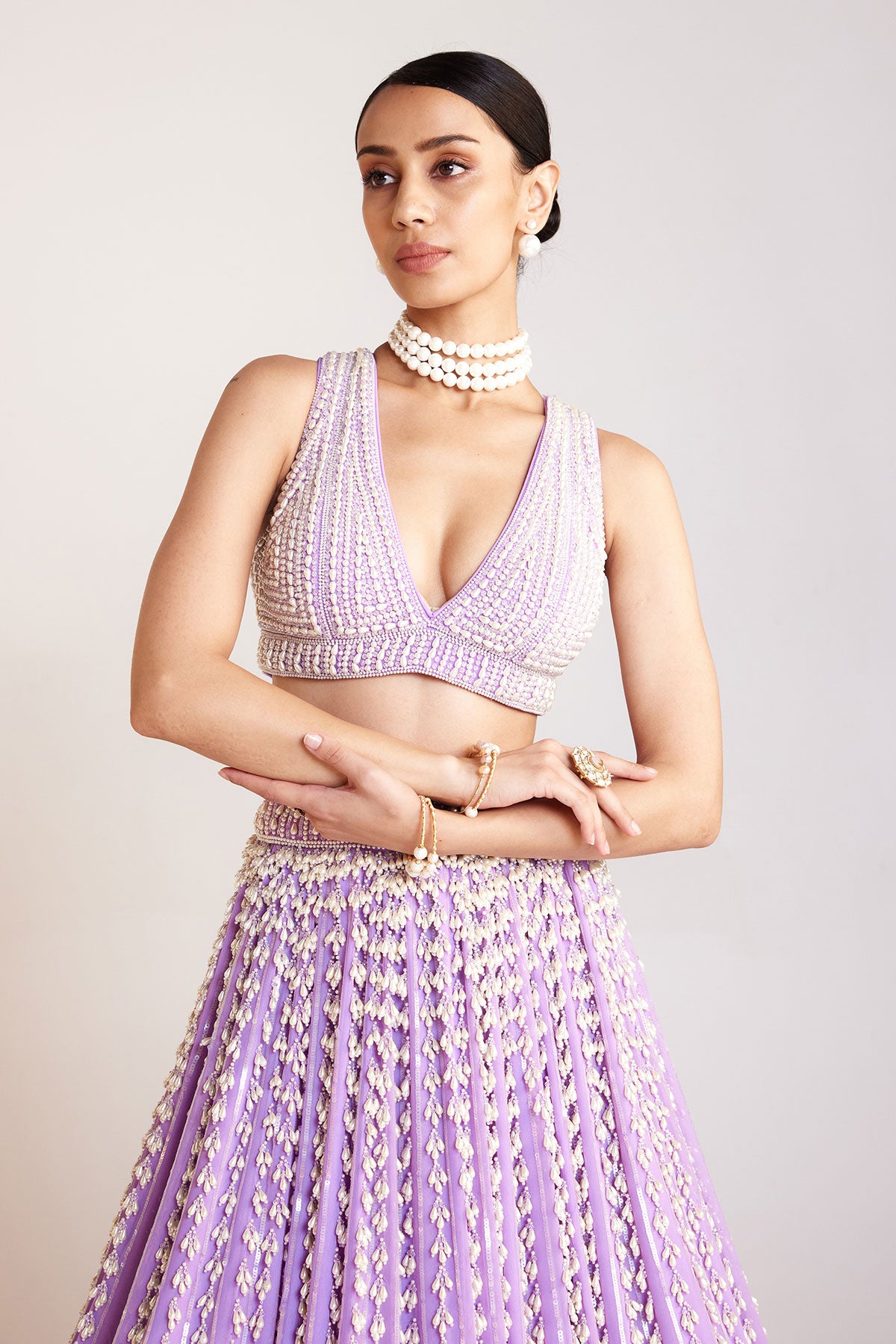 Lilac V Neck Pearl Chandelier Lehenga Set