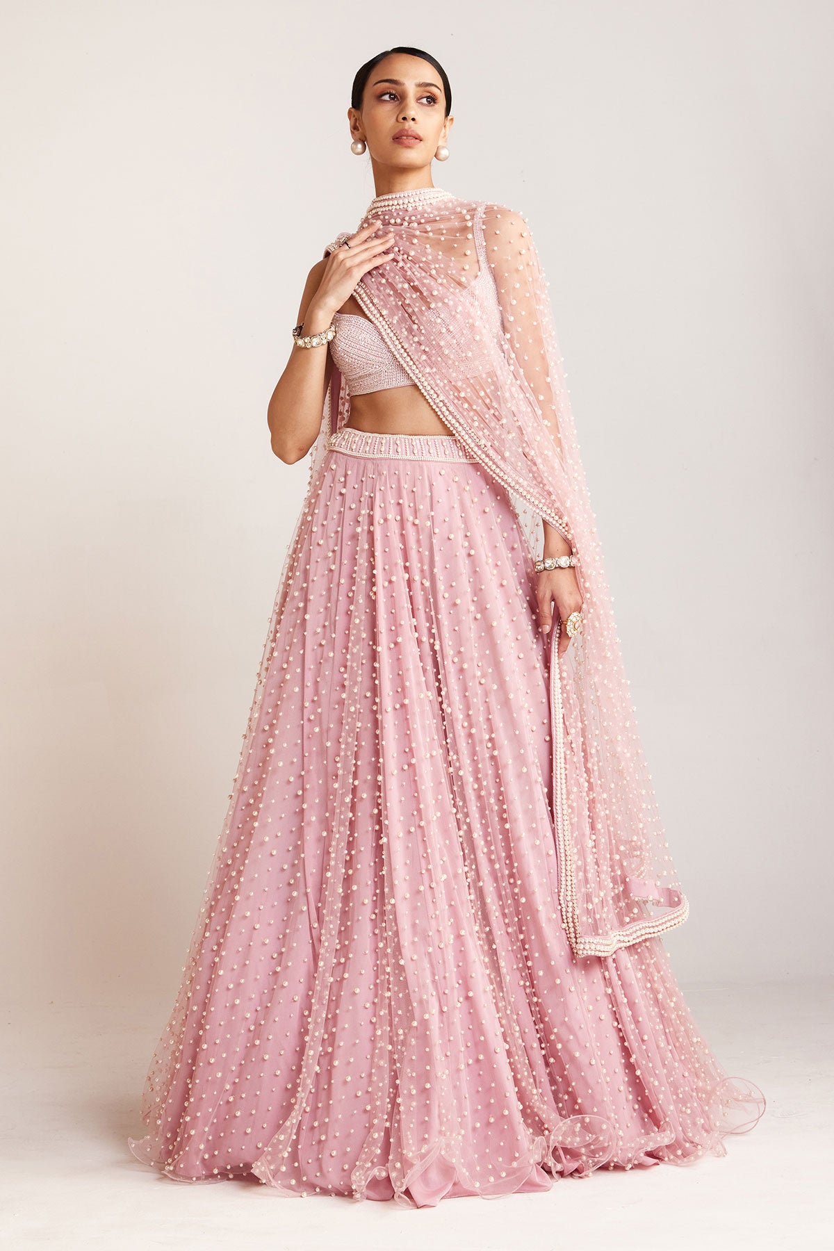 Powder Pink Dense Pearl Lehenga Set