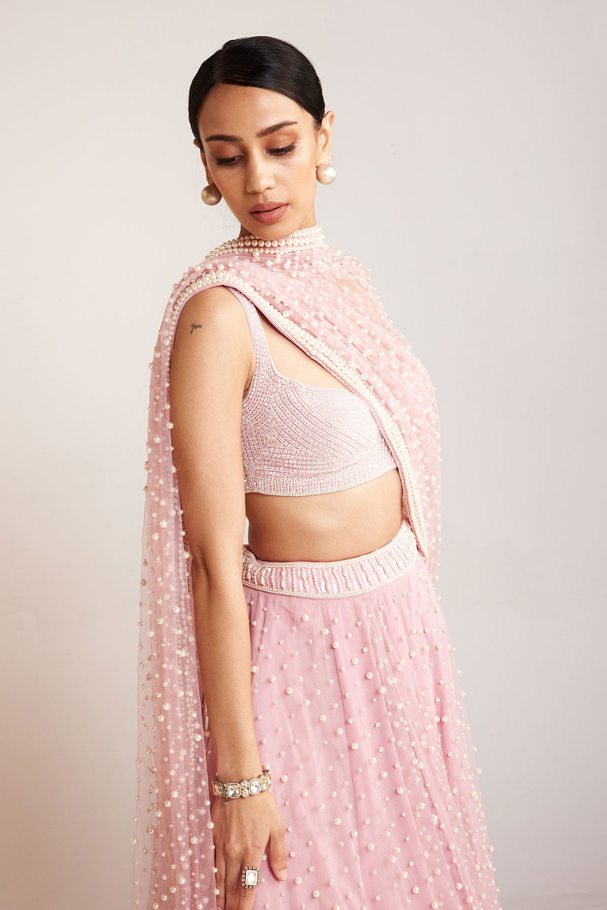 Powder Pink Dense Pearl Lehenga Set