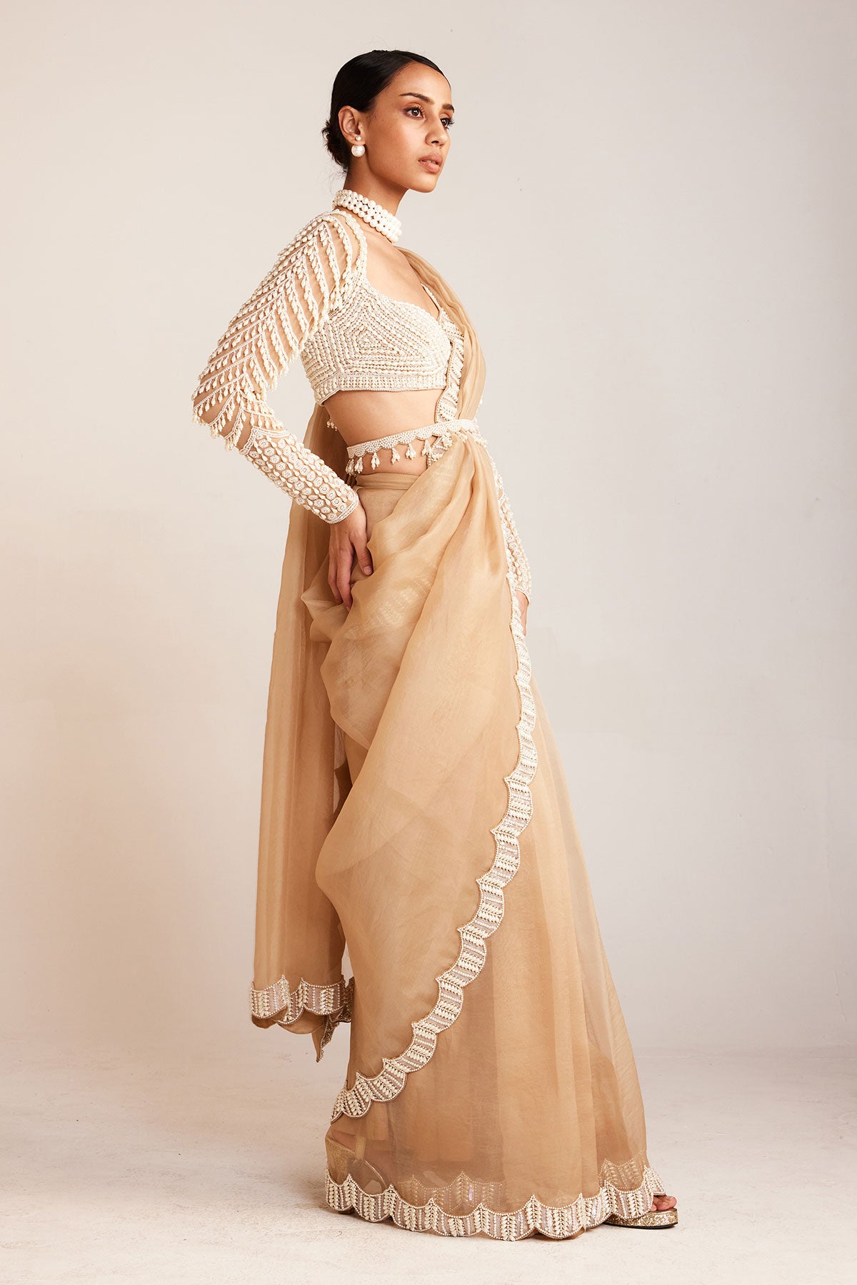 Beige Chandelier Drop Pre-Draped Saree Set