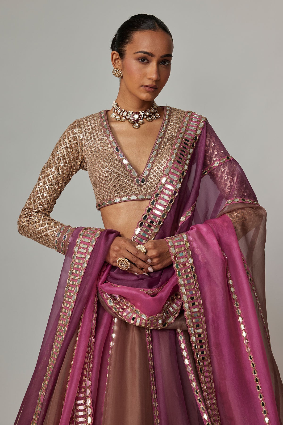 Mud Mauve Multicolor Lehenga With V Neck Blouse