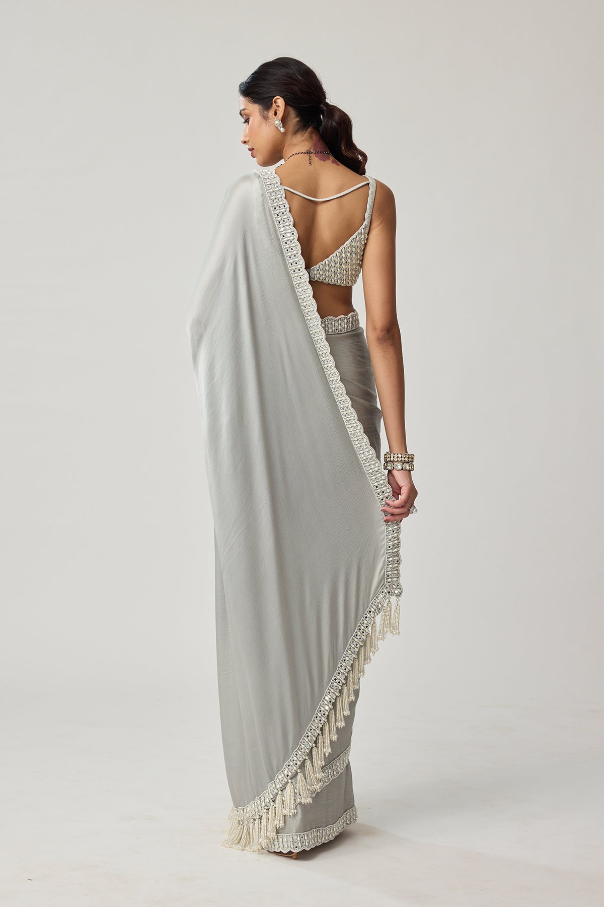 Powder Grey Chiffon Pearl and Mirror saree set
